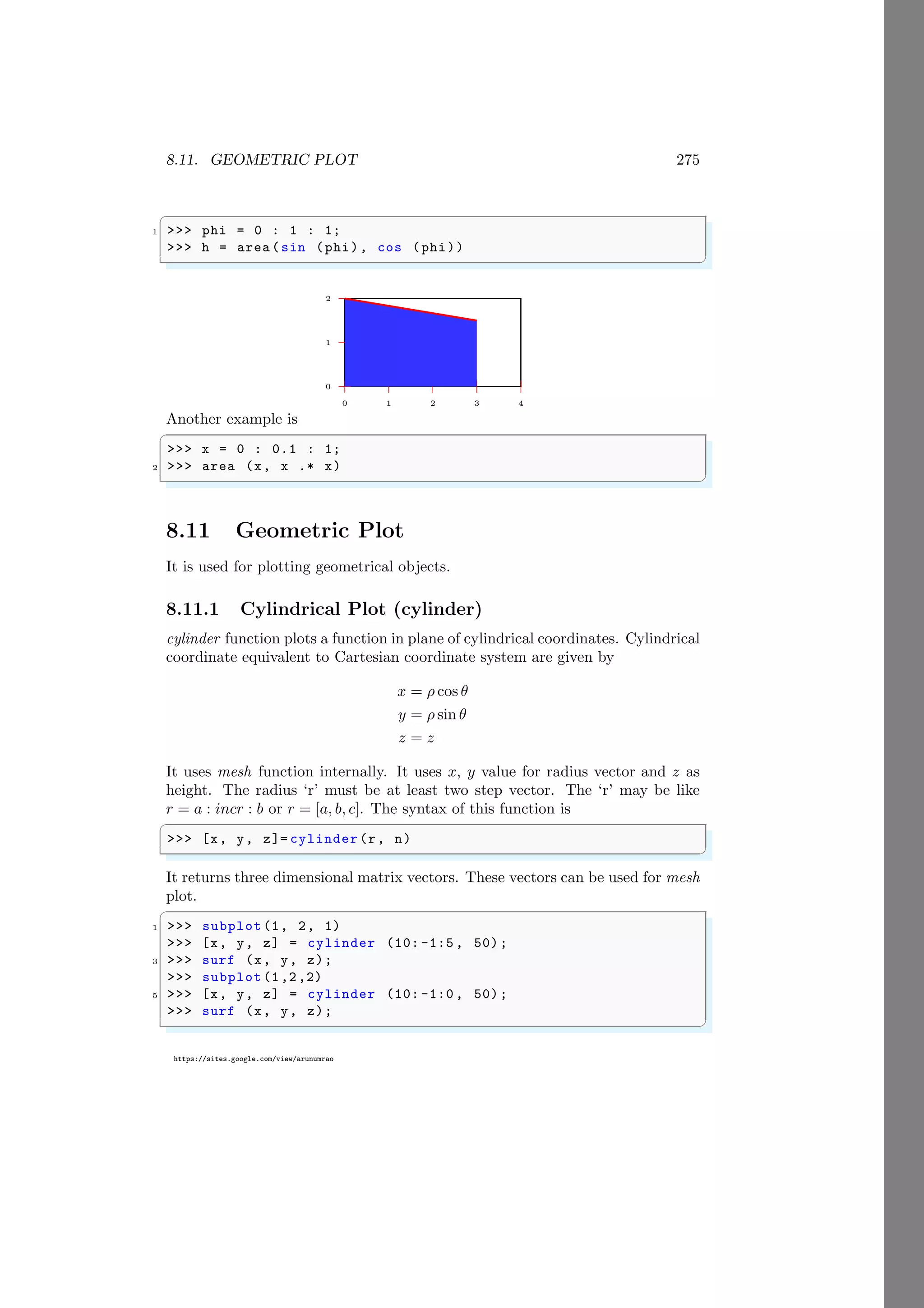 8.11. GEOMETRIC PLOT 275
https://sites.google.com/view/arunumrao
✞
1 >>> phi = 0 : 1 : 1;
>>> h = area (sin (phi), cos (phi))
✌
✆
0
1
2
0 1 2 3 4
Another example is
✞
>>> x = 0 : 0.1 : 1;
2 >>> area (x, x .* x)
✌
✆
8.11 Geometric Plot
It is used for plotting geometrical objects.
8.11.1 Cylindrical Plot (cylinder)
cylinder function plots a function in plane of cylindrical coordinates. Cylindrical
coordinate equivalent to Cartesian coordinate system are given by
x = ρ cos θ
y = ρ sin θ
z = z
It uses mesh function internally. It uses x, y value for radius vector and z as
height. The radius ‘r’ must be at least two step vector. The ‘r’ may be like
r = a : incr : b or r = [a, b, c]. The syntax of this function is
✞
>>> [x, y, z]= cylinder (r, n)
✌
✆
It returns three dimensional matrix vectors. These vectors can be used for mesh
plot.
✞
1 >>> subplot (1, 2, 1)
>>> [x, y, z] = cylinder (10: -1:5 , 50);
3 >>> surf (x, y, z);
>>> subplot (1,2,2)
5 >>> [x, y, z] = cylinder (10: -1:0 , 50);
>>> surf (x, y, z);
✌
✆
 