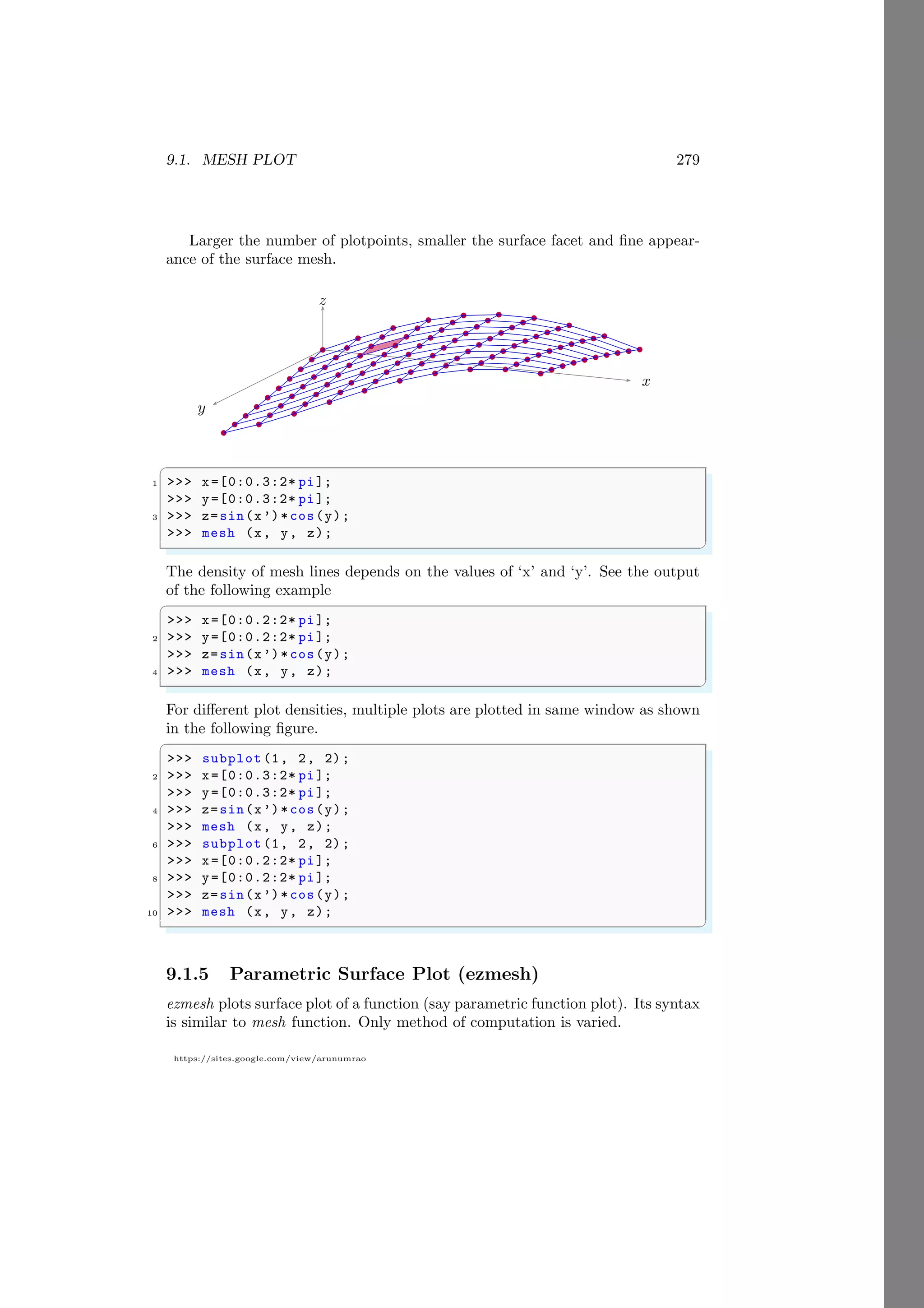 9.1. MESH PLOT 279
https://sites.google.com/view/arunumrao
Larger the number of plotpoints, smaller the surface facet and fine appear-
ance of the surface mesh.
x
y
z
b
b
b
b
b b
b
b
b
b
b
b
b
b
b b b
b
b
b
b
b
b
b
b
b b
b
b
b
b
b
b
b
b
b b
b
b
b
b
b
b
b
b
b b b
b
b
b
b
b
b
b
b
b b
b
b
b
b
b
b
b
b
b b
b
b
b
b
b
b
b
b
b b b
b
b
b
b
b
b
b
b b b
b
b
b
b
b
b
b
b
b b
b
✞
1 >>> x=[0:0.3:2* pi];
>>> y=[0:0.3:2* pi];
3 >>> z=sin(x’)*cos(y);
>>> mesh (x, y, z);
✌
✆
The density of mesh lines depends on the values of ‘x’ and ‘y’. See the output
of the following example
✞
>>> x=[0:0.2:2* pi];
2 >>> y=[0:0.2:2* pi];
>>> z=sin(x’)*cos(y);
4 >>> mesh (x, y, z);
✌
✆
For different plot densities, multiple plots are plotted in same window as shown
in the following figure.
✞
>>> subplot (1, 2, 2);
2 >>> x=[0:0.3:2* pi];
>>> y=[0:0.3:2* pi];
4 >>> z=sin(x’)*cos(y);
>>> mesh (x, y, z);
6 >>> subplot (1, 2, 2);
>>> x=[0:0.2:2* pi];
8 >>> y=[0:0.2:2* pi];
>>> z=sin(x’)*cos(y);
10 >>> mesh (x, y, z);
✌
✆
9.1.5 Parametric Surface Plot (ezmesh)
ezmesh plots surface plot of a function (say parametric function plot). Its syntax
is similar to mesh function. Only method of computation is varied.
 