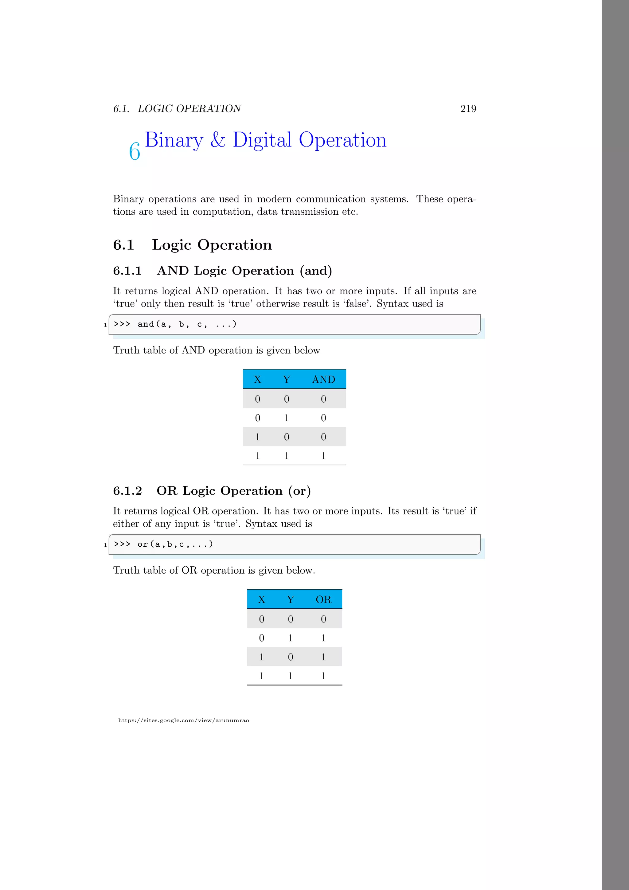 6.1. LOGIC OPERATION 219
https://sites.google.com/view/arunumrao
6Binary & Digital Operation
Binary operations are used in modern communication systems. These opera-
tions are used in computation, data transmission etc.
6.1 Logic Operation
6.1.1 AND Logic Operation (and)
It returns logical AND operation. It has two or more inputs. If all inputs are
‘true’ only then result is ‘true’ otherwise result is ‘false’. Syntax used is
✞
1 >>> and(a, b, c, ...)
✌
✆
Truth table of AND operation is given below
X Y AND
0 0 0
0 1 0
1 0 0
1 1 1
6.1.2 OR Logic Operation (or)
It returns logical OR operation. It has two or more inputs. Its result is ‘true’ if
either of any input is ‘true’. Syntax used is
✞
1 >>> or(a,b,c ,...)
✌
✆
Truth table of OR operation is given below.
X Y OR
0 0 0
0 1 1
1 0 1
1 1 1
 