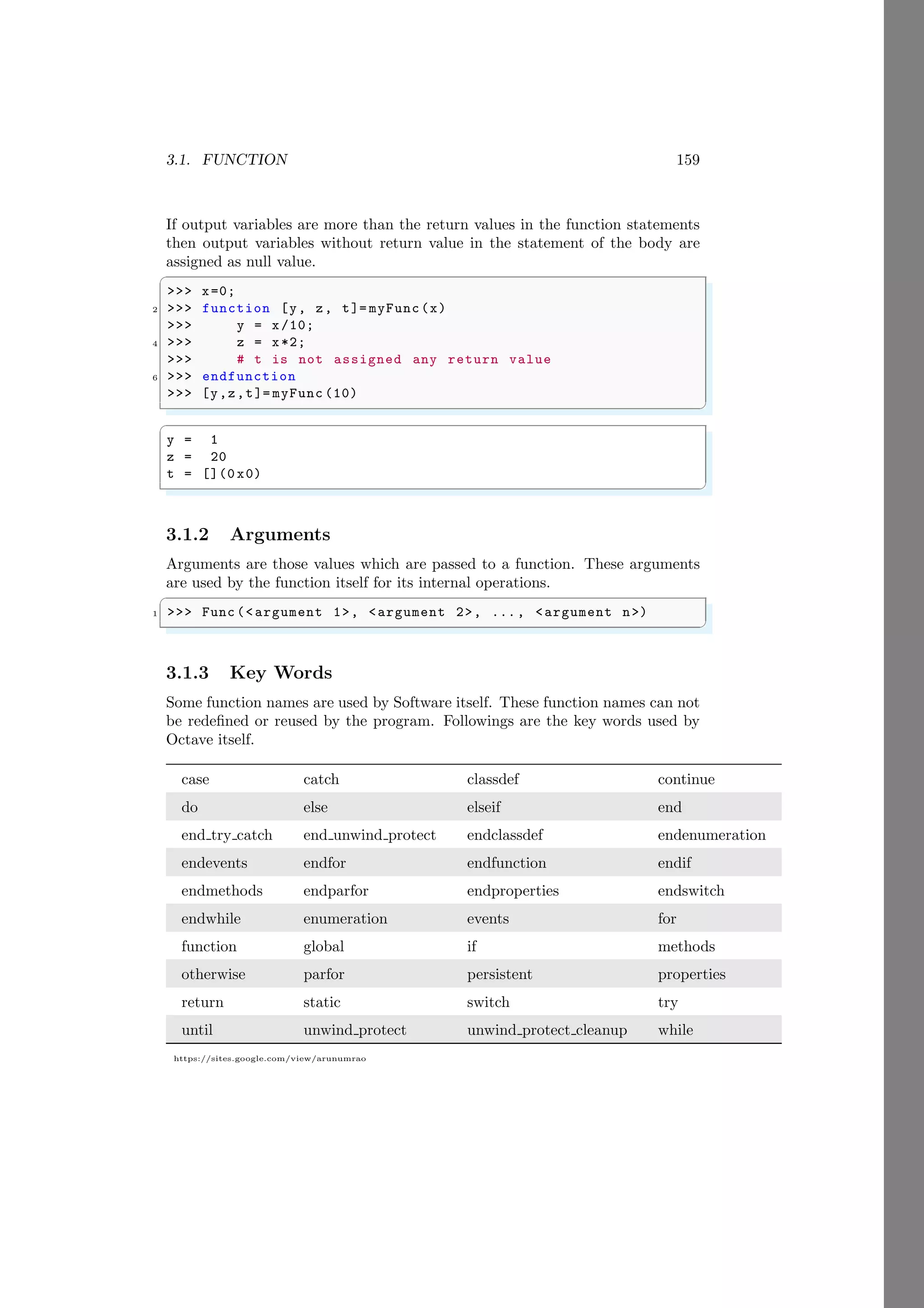 3.1. FUNCTION 159
https://sites.google.com/view/arunumrao
If output variables are more than the return values in the function statements
then output variables without return value in the statement of the body are
assigned as null value.
✞
>>> x=0;
2 >>> function [y, z, t]= myFunc(x)
>>> y = x/10;
4 >>> z = x*2;
>>> # t is not assigned any return value
6 >>> endfunction
>>> [y,z,t]= myFunc (10)
✌
✆
✞
y = 1
z = 20
t = [](0 x0)
✌
✆
3.1.2 Arguments
Arguments are those values which are passed to a function. These arguments
are used by the function itself for its internal operations.
✞
1 >>> Func (<argument 1>, <argument 2>, ..., <argument n>)
✌
✆
3.1.3 Key Words
Some function names are used by Software itself. These function names can not
be redefined or reused by the program. Followings are the key words used by
Octave itself.
case catch classdef continue
do else elseif end
end try catch end unwind protect endclassdef endenumeration
endevents endfor endfunction endif
endmethods endparfor endproperties endswitch
endwhile enumeration events for
function global if methods
otherwise parfor persistent properties
return static switch try
until unwind protect unwind protect cleanup while
 