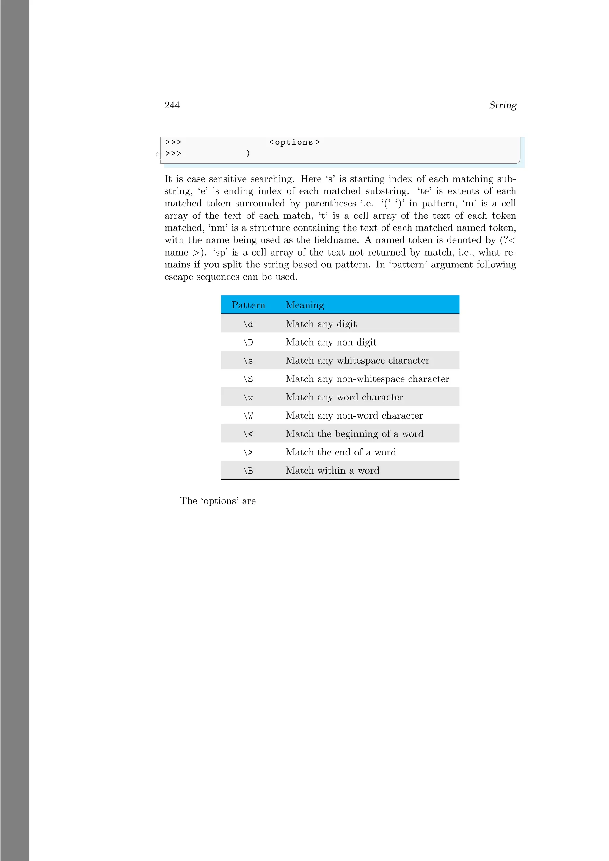 244 String
>>> <options >
6 >>> )
✌
✆
It is case sensitive searching. Here ‘s’ is starting index of each matching sub-
string, ‘e’ is ending index of each matched substring. ‘te’ is extents of each
matched token surrounded by parentheses i.e. ‘(’ ‘)’ in pattern, ‘m’ is a cell
array of the text of each match, ‘t’ is a cell array of the text of each token
matched, ‘nm’ is a structure containing the text of each matched named token,
with the name being used as the fieldname. A named token is denoted by (?<
name >). ‘sp’ is a cell array of the text not returned by match, i.e., what re-
mains if you split the string based on pattern. In ‘pattern’ argument following
escape sequences can be used.
Pattern Meaning
d Match any digit
D Match any non-digit
s Match any whitespace character
S Match any non-whitespace character
w Match any word character
W Match any non-word character
< Match the beginning of a word
> Match the end of a word
B Match within a word
The ‘options’ are
 
