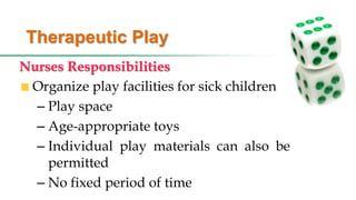 Therapeutic Play
Nurses Responsibilities
Organize play facilities for sick children
– Play space
– Age-appropriate toys
– Individual play materials can also be
permitted
– No fixed period of time
 