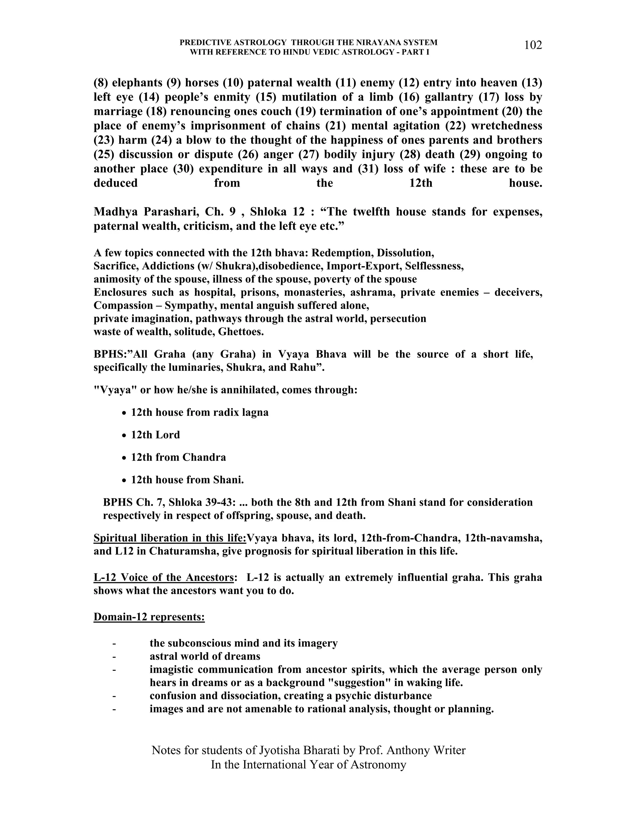 PREDICTIVE ASTROLOGY THROUGH THE NIRAYANA SYSTEM
WITH REFERENCE TO HINDU VEDIC ASTROLOGY - PART I
Notes for students of Jyotisha Bharati by Prof. Anthony Writer
In the International Year of Astronomy
102
(8) elephants (9) horses (10) paternal wealth (11) enemy (12) entry into heaven (13)
left eye (14) people’s enmity (15) mutilation of a limb (16) gallantry (17) loss by
marriage (18) renouncing ones couch (19) termination of one’s appointment (20) the
place of enemy’s imprisonment of chains (21) mental agitation (22) wretchedness
(23) harm (24) a blow to the thought of the happiness of ones parents and brothers
(25) discussion or dispute (26) anger (27) bodily injury (28) death (29) ongoing to
another place (30) expenditure in all ways and (31) loss of wife : these are to be
deduced from the 12th house.
Madhya Parashari, Ch. 9 , Shloka 12 : “The twelfth house stands for expenses,
paternal wealth, criticism, and the left eye etc.”
A few topics connected with the 12th bhava: Redemption, Dissolution,
Sacrifice, Addictions (w/ Shukra),disobedience, Import-Export, Selflessness,
animosity of the spouse, illness of the spouse, poverty of the spouse
Enclosures such as hospital, prisons, monasteries, ashrama, private enemies – deceivers,
Compassion – Sympathy, mental anguish suffered alone,
private imagination, pathways through the astral world, persecution
waste of wealth, solitude, Ghettoes.
BPHS:”All Graha (any Graha) in Vyaya Bhava will be the source of a short life,
specifically the luminaries, Shukra, and Rahu”.
"Vyaya" or how he/she is annihilated, comes through:
• 12th house from radix lagna
• 12th Lord
• 12th from Chandra
• 12th house from Shani.
BPHS Ch. 7, Shloka 39-43: ... both the 8th and 12th from Shani stand for consideration
respectively in respect of offspring, spouse, and death.
Spiritual liberation in this life:Vyaya bhava, its lord, 12th-from-Chandra, 12th-navamsha,
and L12 in Chaturamsha, give prognosis for spiritual liberation in this life.
L-12 Voice of the Ancestors: L-12 is actually an extremely influential graha. This graha
shows what the ancestors want you to do.
Domain-12 represents:
- the subconscious mind and its imagery
- astral world of dreams
- imagistic communication from ancestor spirits, which the average person only
hears in dreams or as a background "suggestion" in waking life.
- confusion and dissociation, creating a psychic disturbance
- images and are not amenable to rational analysis, thought or planning.
 