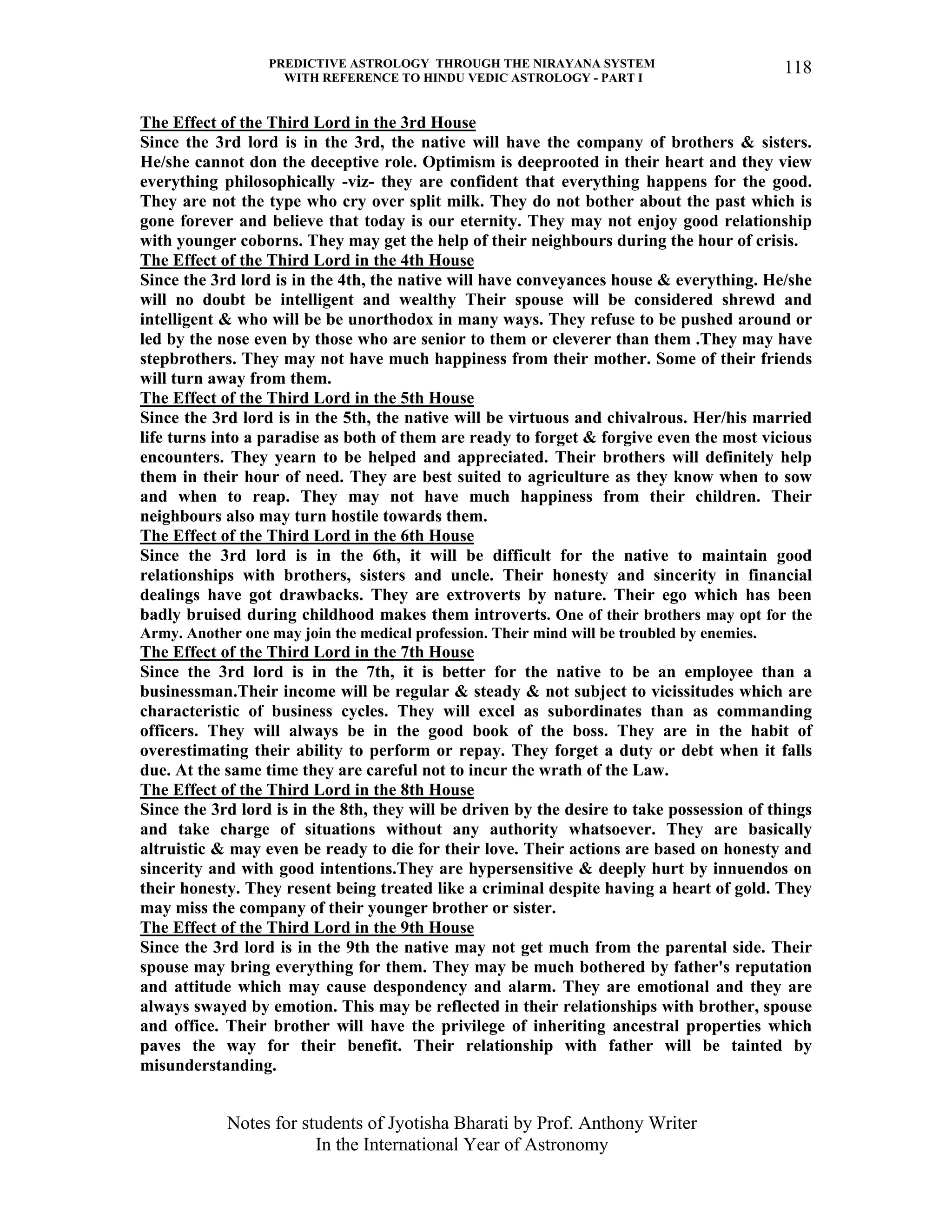 PREDICTIVE ASTROLOGY THROUGH THE NIRAYANA SYSTEM
WITH REFERENCE TO HINDU VEDIC ASTROLOGY - PART I
Notes for students of Jyotisha Bharati by Prof. Anthony Writer
In the International Year of Astronomy
118
The Effect of the Third Lord in the 3rd House
Since the 3rd lord is in the 3rd, the native will have the company of brothers & sisters.
He/she cannot don the deceptive role. Optimism is deeprooted in their heart and they view
everything philosophically -viz- they are confident that everything happens for the good.
They are not the type who cry over split milk. They do not bother about the past which is
gone forever and believe that today is our eternity. They may not enjoy good relationship
with younger coborns. They may get the help of their neighbours during the hour of crisis.
The Effect of the Third Lord in the 4th House
Since the 3rd lord is in the 4th, the native will have conveyances house & everything. He/she
will no doubt be intelligent and wealthy Their spouse will be considered shrewd and
intelligent & who will be be unorthodox in many ways. They refuse to be pushed around or
led by the nose even by those who are senior to them or cleverer than them .They may have
stepbrothers. They may not have much happiness from their mother. Some of their friends
will turn away from them.
The Effect of the Third Lord in the 5th House
Since the 3rd lord is in the 5th, the native will be virtuous and chivalrous. Her/his married
life turns into a paradise as both of them are ready to forget & forgive even the most vicious
encounters. They yearn to be helped and appreciated. Their brothers will definitely help
them in their hour of need. They are best suited to agriculture as they know when to sow
and when to reap. They may not have much happiness from their children. Their
neighbours also may turn hostile towards them.
The Effect of the Third Lord in the 6th House
Since the 3rd lord is in the 6th, it will be difficult for the native to maintain good
relationships with brothers, sisters and uncle. Their honesty and sincerity in financial
dealings have got drawbacks. They are extroverts by nature. Their ego which has been
badly bruised during childhood makes them introverts. One of their brothers may opt for the
Army. Another one may join the medical profession. Their mind will be troubled by enemies.
The Effect of the Third Lord in the 7th House
Since the 3rd lord is in the 7th, it is better for the native to be an employee than a
businessman.Their income will be regular & steady & not subject to vicissitudes which are
characteristic of business cycles. They will excel as subordinates than as commanding
officers. They will always be in the good book of the boss. They are in the habit of
overestimating their ability to perform or repay. They forget a duty or debt when it falls
due. At the same time they are careful not to incur the wrath of the Law.
The Effect of the Third Lord in the 8th House
Since the 3rd lord is in the 8th, they will be driven by the desire to take possession of things
and take charge of situations without any authority whatsoever. They are basically
altruistic & may even be ready to die for their love. Their actions are based on honesty and
sincerity and with good intentions.They are hypersensitive & deeply hurt by innuendos on
their honesty. They resent being treated like a criminal despite having a heart of gold. They
may miss the company of their younger brother or sister.
The Effect of the Third Lord in the 9th House
Since the 3rd lord is in the 9th the native may not get much from the parental side. Their
spouse may bring everything for them. They may be much bothered by father's reputation
and attitude which may cause despondency and alarm. They are emotional and they are
always swayed by emotion. This may be reflected in their relationships with brother, spouse
and office. Their brother will have the privilege of inheriting ancestral properties which
paves the way for their benefit. Their relationship with father will be tainted by
misunderstanding.
 