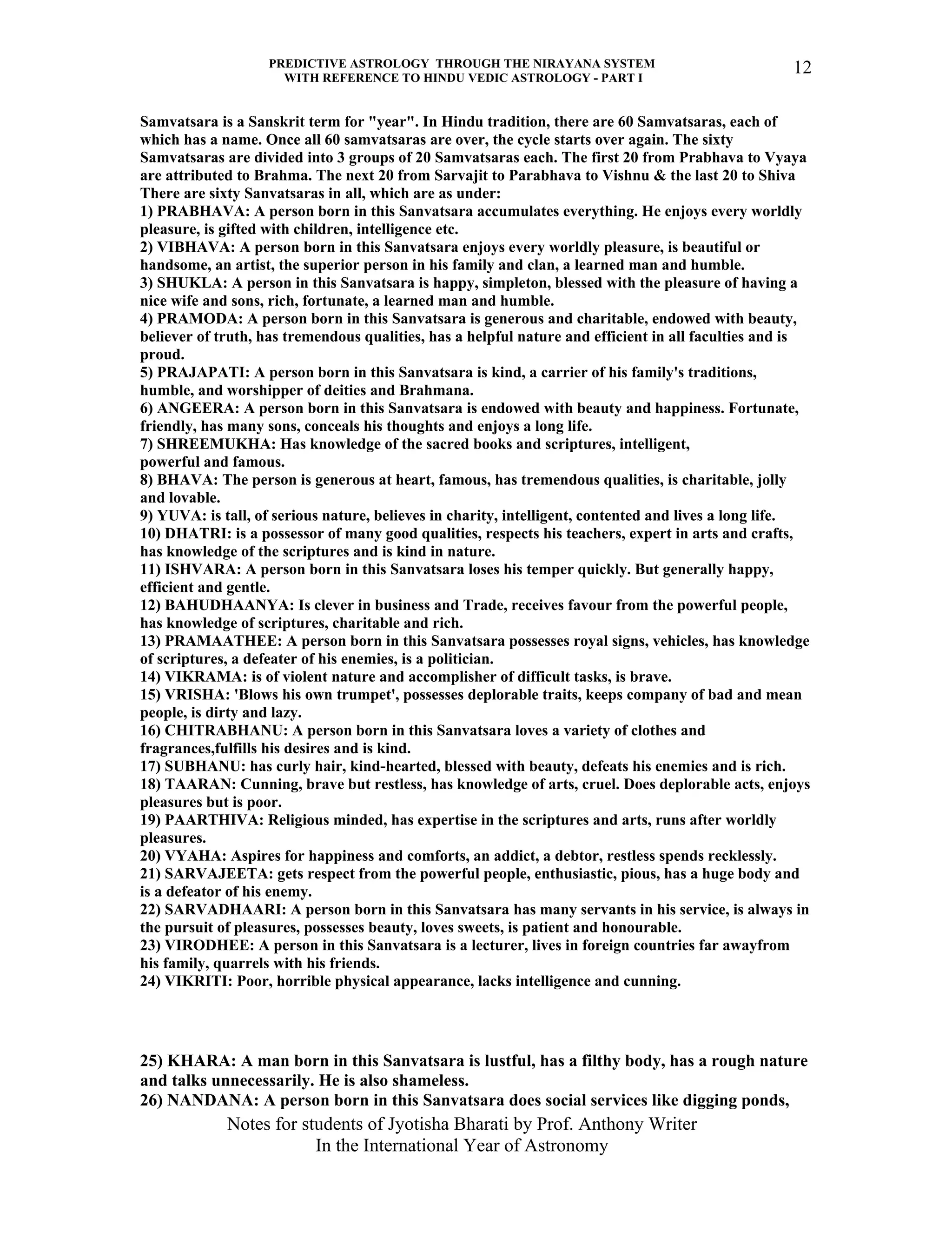 PREDICTIVE ASTROLOGY THROUGH THE NIRAYANA SYSTEM
WITH REFERENCE TO HINDU VEDIC ASTROLOGY - PART I
Notes for students of Jyotisha Bharati by Prof. Anthony Writer
In the International Year of Astronomy
12
Samvatsara is a Sanskrit term for "year". In Hindu tradition, there are 60 Samvatsaras, each of
which has a name. Once all 60 samvatsaras are over, the cycle starts over again. The sixty
Samvatsaras are divided into 3 groups of 20 Samvatsaras each. The first 20 from Prabhava to Vyaya
are attributed to Brahma. The next 20 from Sarvajit to Parabhava to Vishnu & the last 20 to Shiva
There are sixty Sanvatsaras in all, which are as under:
1) PRABHAVA: A person born in this Sanvatsara accumulates everything. He enjoys every worldly
pleasure, is gifted with children, intelligence etc.
2) VIBHAVA: A person born in this Sanvatsara enjoys every worldly pleasure, is beautiful or
handsome, an artist, the superior person in his family and clan, a learned man and humble.
3) SHUKLA: A person in this Sanvatsara is happy, simpleton, blessed with the pleasure of having a
nice wife and sons, rich, fortunate, a learned man and humble.
4) PRAMODA: A person born in this Sanvatsara is generous and charitable, endowed with beauty,
believer of truth, has tremendous qualities, has a helpful nature and efficient in all faculties and is
proud.
5) PRAJAPATI: A person born in this Sanvatsara is kind, a carrier of his family's traditions,
humble, and worshipper of deities and Brahmana.
6) ANGEERA: A person born in this Sanvatsara is endowed with beauty and happiness. Fortunate,
friendly, has many sons, conceals his thoughts and enjoys a long life.
7) SHREEMUKHA: Has knowledge of the sacred books and scriptures, intelligent,
powerful and famous.
8) BHAVA: The person is generous at heart, famous, has tremendous qualities, is charitable, jolly
and lovable.
9) YUVA: is tall, of serious nature, believes in charity, intelligent, contented and lives a long life.
10) DHATRI: is a possessor of many good qualities, respects his teachers, expert in arts and crafts,
has knowledge of the scriptures and is kind in nature.
11) ISHVARA: A person born in this Sanvatsara loses his temper quickly. But generally happy,
efficient and gentle.
12) BAHUDHAANYA: Is clever in business and Trade, receives favour from the powerful people,
has knowledge of scriptures, charitable and rich.
13) PRAMAATHEE: A person born in this Sanvatsara possesses royal signs, vehicles, has knowledge
of scriptures, a defeater of his enemies, is a politician.
14) VIKRAMA: is of violent nature and accomplisher of difficult tasks, is brave.
15) VRISHA: 'Blows his own trumpet', possesses deplorable traits, keeps company of bad and mean
people, is dirty and lazy.
16) CHITRABHANU: A person born in this Sanvatsara loves a variety of clothes and
fragrances,fulfills his desires and is kind.
17) SUBHANU: has curly hair, kind-hearted, blessed with beauty, defeats his enemies and is rich.
18) TAARAN: Cunning, brave but restless, has knowledge of arts, cruel. Does deplorable acts, enjoys
pleasures but is poor.
19) PAARTHIVA: Religious minded, has expertise in the scriptures and arts, runs after worldly
pleasures.
20) VYAHA: Aspires for happiness and comforts, an addict, a debtor, restless spends recklessly.
21) SARVAJEETA: gets respect from the powerful people, enthusiastic, pious, has a huge body and
is a defeator of his enemy.
22) SARVADHAARI: A person born in this Sanvatsara has many servants in his service, is always in
the pursuit of pleasures, possesses beauty, loves sweets, is patient and honourable.
23) VIRODHEE: A person in this Sanvatsara is a lecturer, lives in foreign countries far awayfrom
his family, quarrels with his friends.
24) VIKRITI: Poor, horrible physical appearance, lacks intelligence and cunning.
25) KHARA: A man born in this Sanvatsara is lustful, has a filthy body, has a rough nature
and talks unnecessarily. He is also shameless.
26) NANDANA: A person born in this Sanvatsara does social services like digging ponds,
 
