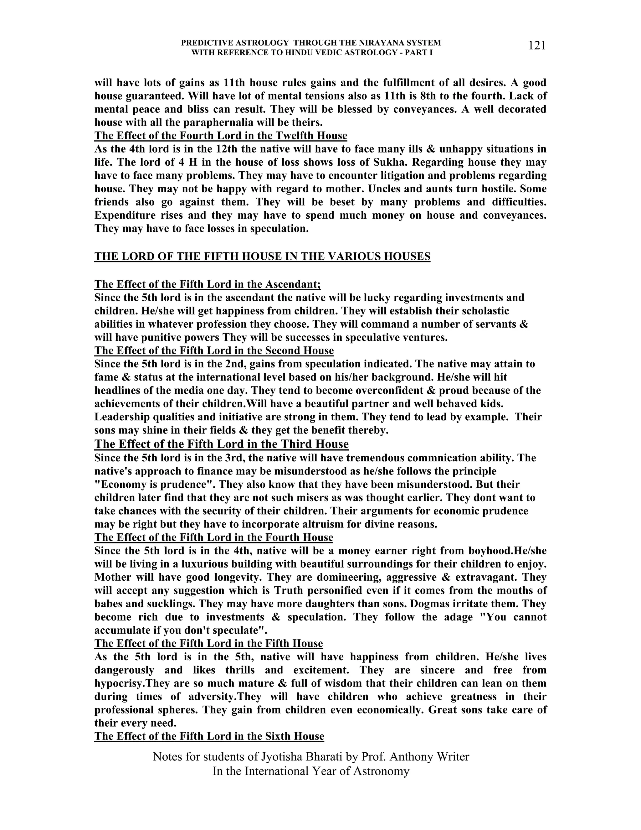 PREDICTIVE ASTROLOGY THROUGH THE NIRAYANA SYSTEM
WITH REFERENCE TO HINDU VEDIC ASTROLOGY - PART I
Notes for students of Jyotisha Bharati by Prof. Anthony Writer
In the International Year of Astronomy
121
will have lots of gains as 11th house rules gains and the fulfillment of all desires. A good
house guaranteed. Will have lot of mental tensions also as 11th is 8th to the fourth. Lack of
mental peace and bliss can result. They will be blessed by conveyances. A well decorated
house with all the paraphernalia will be theirs.
The Effect of the Fourth Lord in the Twelfth House
As the 4th lord is in the 12th the native will have to face many ills & unhappy situations in
life. The lord of 4 H in the house of loss shows loss of Sukha. Regarding house they may
have to face many problems. They may have to encounter litigation and problems regarding
house. They may not be happy with regard to mother. Uncles and aunts turn hostile. Some
friends also go against them. They will be beset by many problems and difficulties.
Expenditure rises and they may have to spend much money on house and conveyances.
They may have to face losses in speculation.
THE LORD OF THE FIFTH HOUSE IN THE VARIOUS HOUSES
The Effect of the Fifth Lord in the Ascendant;
Since the 5th lord is in the ascendant the native will be lucky regarding investments and
children. He/she will get happiness from children. They will establish their scholastic
abilities in whatever profession they choose. They will command a number of servants &
will have punitive powers They will be successes in speculative ventures.
The Effect of the Fifth Lord in the Second House
Since the 5th lord is in the 2nd, gains from speculation indicated. The native may attain to
fame & status at the international level based on his/her background. He/she will hit
headlines of the media one day. They tend to become overconfident & proud because of the
achievements of their children.Will have a beautiful partner and well behaved kids.
Leadership qualities and initiative are strong in them. They tend to lead by example. Their
sons may shine in their fields & they get the benefit thereby.
The Effect of the Fifth Lord in the Third House
Since the 5th lord is in the 3rd, the native will have tremendous commnication ability. The
native's approach to finance may be misunderstood as he/she follows the principle
"Economy is prudence". They also know that they have been misunderstood. But their
children later find that they are not such misers as was thought earlier. They dont want to
take chances with the security of their children. Their arguments for economic prudence
may be right but they have to incorporate altruism for divine reasons.
The Effect of the Fifth Lord in the Fourth House
Since the 5th lord is in the 4th, native will be a money earner right from boyhood.He/she
will be living in a luxurious building with beautiful surroundings for their children to enjoy.
Mother will have good longevity. They are domineering, aggressive & extravagant. They
will accept any suggestion which is Truth personified even if it comes from the mouths of
babes and sucklings. They may have more daughters than sons. Dogmas irritate them. They
become rich due to investments & speculation. They follow the adage "You cannot
accumulate if you don't speculate".
The Effect of the Fifth Lord in the Fifth House
As the 5th lord is in the 5th, native will have happiness from children. He/she lives
dangerously and likes thrills and excitement. They are sincere and free from
hypocrisy.They are so much mature & full of wisdom that their children can lean on them
during times of adversity.They will have children who achieve greatness in their
professional spheres. They gain from children even economically. Great sons take care of
their every need.
The Effect of the Fifth Lord in the Sixth House
 