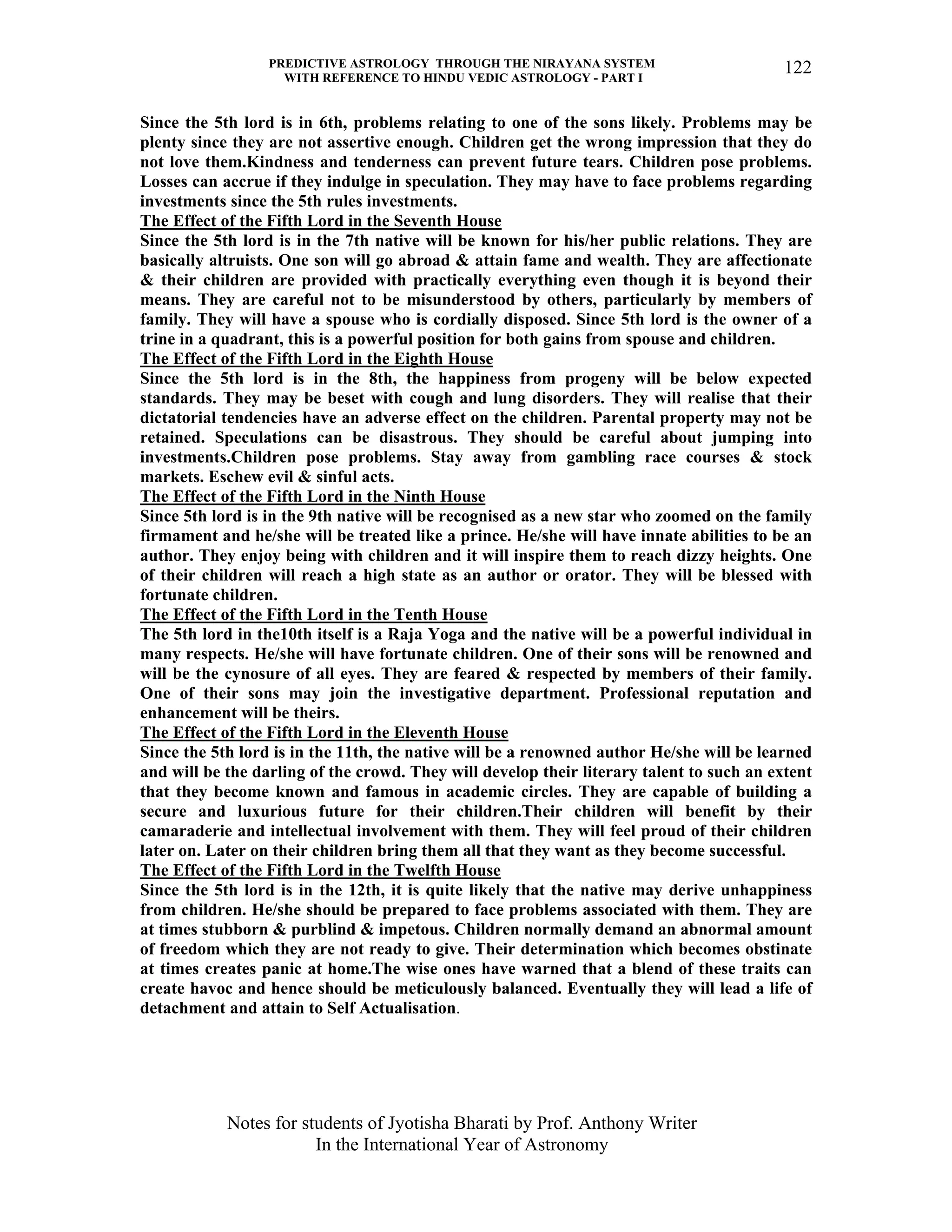 PREDICTIVE ASTROLOGY THROUGH THE NIRAYANA SYSTEM
WITH REFERENCE TO HINDU VEDIC ASTROLOGY - PART I
Notes for students of Jyotisha Bharati by Prof. Anthony Writer
In the International Year of Astronomy
122
Since the 5th lord is in 6th, problems relating to one of the sons likely. Problems may be
plenty since they are not assertive enough. Children get the wrong impression that they do
not love them.Kindness and tenderness can prevent future tears. Children pose problems.
Losses can accrue if they indulge in speculation. They may have to face problems regarding
investments since the 5th rules investments.
The Effect of the Fifth Lord in the Seventh House
Since the 5th lord is in the 7th native will be known for his/her public relations. They are
basically altruists. One son will go abroad & attain fame and wealth. They are affectionate
& their children are provided with practically everything even though it is beyond their
means. They are careful not to be misunderstood by others, particularly by members of
family. They will have a spouse who is cordially disposed. Since 5th lord is the owner of a
trine in a quadrant, this is a powerful position for both gains from spouse and children.
The Effect of the Fifth Lord in the Eighth House
Since the 5th lord is in the 8th, the happiness from progeny will be below expected
standards. They may be beset with cough and lung disorders. They will realise that their
dictatorial tendencies have an adverse effect on the children. Parental property may not be
retained. Speculations can be disastrous. They should be careful about jumping into
investments.Children pose problems. Stay away from gambling race courses & stock
markets. Eschew evil & sinful acts.
The Effect of the Fifth Lord in the Ninth House
Since 5th lord is in the 9th native will be recognised as a new star who zoomed on the family
firmament and he/she will be treated like a prince. He/she will have innate abilities to be an
author. They enjoy being with children and it will inspire them to reach dizzy heights. One
of their children will reach a high state as an author or orator. They will be blessed with
fortunate children.
The Effect of the Fifth Lord in the Tenth House
The 5th lord in the10th itself is a Raja Yoga and the native will be a powerful individual in
many respects. He/she will have fortunate children. One of their sons will be renowned and
will be the cynosure of all eyes. They are feared & respected by members of their family.
One of their sons may join the investigative department. Professional reputation and
enhancement will be theirs.
The Effect of the Fifth Lord in the Eleventh House
Since the 5th lord is in the 11th, the native will be a renowned author He/she will be learned
and will be the darling of the crowd. They will develop their literary talent to such an extent
that they become known and famous in academic circles. They are capable of building a
secure and luxurious future for their children.Their children will benefit by their
camaraderie and intellectual involvement with them. They will feel proud of their children
later on. Later on their children bring them all that they want as they become successful.
The Effect of the Fifth Lord in the Twelfth House
Since the 5th lord is in the 12th, it is quite likely that the native may derive unhappiness
from children. He/she should be prepared to face problems associated with them. They are
at times stubborn & purblind & impetous. Children normally demand an abnormal amount
of freedom which they are not ready to give. Their determination which becomes obstinate
at times creates panic at home.The wise ones have warned that a blend of these traits can
create havoc and hence should be meticulously balanced. Eventually they will lead a life of
detachment and attain to Self Actualisation.
 