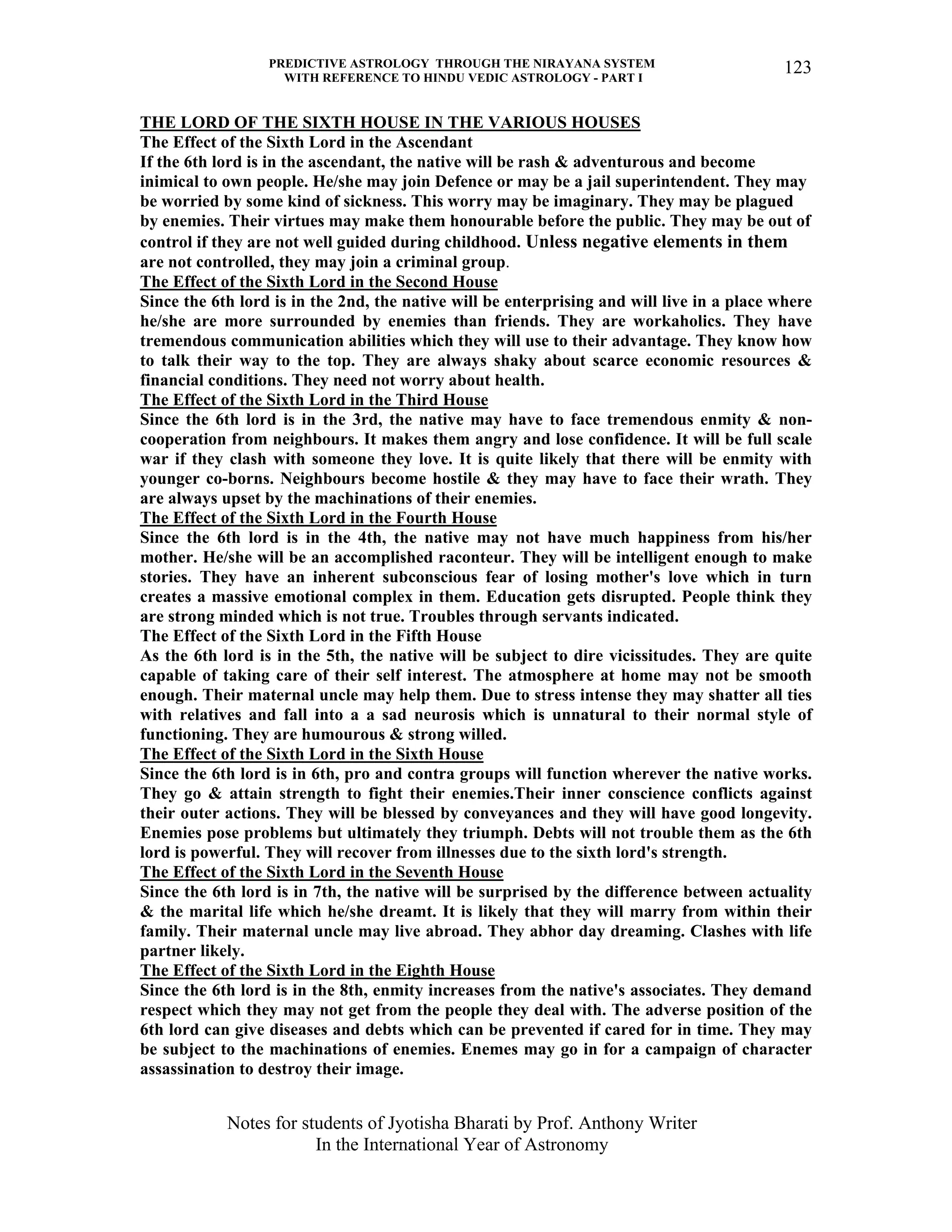 PREDICTIVE ASTROLOGY THROUGH THE NIRAYANA SYSTEM
WITH REFERENCE TO HINDU VEDIC ASTROLOGY - PART I
Notes for students of Jyotisha Bharati by Prof. Anthony Writer
In the International Year of Astronomy
123
THE LORD OF THE SIXTH HOUSE IN THE VARIOUS HOUSES
The Effect of the Sixth Lord in the Ascendant
If the 6th lord is in the ascendant, the native will be rash & adventurous and become
inimical to own people. He/she may join Defence or may be a jail superintendent. They may
be worried by some kind of sickness. This worry may be imaginary. They may be plagued
by enemies. Their virtues may make them honourable before the public. They may be out of
control if they are not well guided during childhood. Unless negative elements in them
are not controlled, they may join a criminal group.
The Effect of the Sixth Lord in the Second House
Since the 6th lord is in the 2nd, the native will be enterprising and will live in a place where
he/she are more surrounded by enemies than friends. They are workaholics. They have
tremendous communication abilities which they will use to their advantage. They know how
to talk their way to the top. They are always shaky about scarce economic resources &
financial conditions. They need not worry about health.
The Effect of the Sixth Lord in the Third House
Since the 6th lord is in the 3rd, the native may have to face tremendous enmity & non-
cooperation from neighbours. It makes them angry and lose confidence. It will be full scale
war if they clash with someone they love. It is quite likely that there will be enmity with
younger co-borns. Neighbours become hostile & they may have to face their wrath. They
are always upset by the machinations of their enemies.
The Effect of the Sixth Lord in the Fourth House
Since the 6th lord is in the 4th, the native may not have much happiness from his/her
mother. He/she will be an accomplished raconteur. They will be intelligent enough to make
stories. They have an inherent subconscious fear of losing mother's love which in turn
creates a massive emotional complex in them. Education gets disrupted. People think they
are strong minded which is not true. Troubles through servants indicated.
The Effect of the Sixth Lord in the Fifth House
As the 6th lord is in the 5th, the native will be subject to dire vicissitudes. They are quite
capable of taking care of their self interest. The atmosphere at home may not be smooth
enough. Their maternal uncle may help them. Due to stress intense they may shatter all ties
with relatives and fall into a a sad neurosis which is unnatural to their normal style of
functioning. They are humourous & strong willed.
The Effect of the Sixth Lord in the Sixth House
Since the 6th lord is in 6th, pro and contra groups will function wherever the native works.
They go & attain strength to fight their enemies.Their inner conscience conflicts against
their outer actions. They will be blessed by conveyances and they will have good longevity.
Enemies pose problems but ultimately they triumph. Debts will not trouble them as the 6th
lord is powerful. They will recover from illnesses due to the sixth lord's strength.
The Effect of the Sixth Lord in the Seventh House
Since the 6th lord is in 7th, the native will be surprised by the difference between actuality
& the marital life which he/she dreamt. It is likely that they will marry from within their
family. Their maternal uncle may live abroad. They abhor day dreaming. Clashes with life
partner likely.
The Effect of the Sixth Lord in the Eighth House
Since the 6th lord is in the 8th, enmity increases from the native's associates. They demand
respect which they may not get from the people they deal with. The adverse position of the
6th lord can give diseases and debts which can be prevented if cared for in time. They may
be subject to the machinations of enemies. Enemes may go in for a campaign of character
assassination to destroy their image.
 