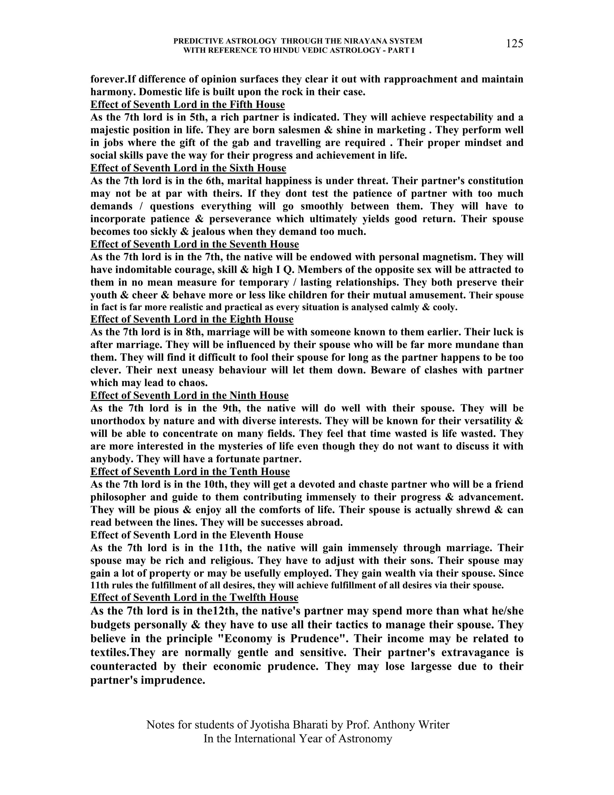 PREDICTIVE ASTROLOGY THROUGH THE NIRAYANA SYSTEM
WITH REFERENCE TO HINDU VEDIC ASTROLOGY - PART I
Notes for students of Jyotisha Bharati by Prof. Anthony Writer
In the International Year of Astronomy
125
forever.If difference of opinion surfaces they clear it out with rapproachment and maintain
harmony. Domestic life is built upon the rock in their case.
Effect of Seventh Lord in the Fifth House
As the 7th lord is in 5th, a rich partner is indicated. They will achieve respectability and a
majestic position in life. They are born salesmen & shine in marketing . They perform well
in jobs where the gift of the gab and travelling are required . Their proper mindset and
social skills pave the way for their progress and achievement in life.
Effect of Seventh Lord in the Sixth House
As the 7th lord is in the 6th, marital happiness is under threat. Their partner's constitution
may not be at par with theirs. If they dont test the patience of partner with too much
demands / questions everything will go smoothly between them. They will have to
incorporate patience & perseverance which ultimately yields good return. Their spouse
becomes too sickly & jealous when they demand too much.
Effect of Seventh Lord in the Seventh House
As the 7th lord is in the 7th, the native will be endowed with personal magnetism. They will
have indomitable courage, skill & high I Q. Members of the opposite sex will be attracted to
them in no mean measure for temporary / lasting relationships. They both preserve their
youth & cheer & behave more or less like children for their mutual amusement. Their spouse
in fact is far more realistic and practical as every situation is analysed calmly & cooly.
Effect of Seventh Lord in the Eighth House
As the 7th lord is in 8th, marriage will be with someone known to them earlier. Their luck is
after marriage. They will be influenced by their spouse who will be far more mundane than
them. They will find it difficult to fool their spouse for long as the partner happens to be too
clever. Their next uneasy behaviour will let them down. Beware of clashes with partner
which may lead to chaos.
Effect of Seventh Lord in the Ninth House
As the 7th lord is in the 9th, the native will do well with their spouse. They will be
unorthodox by nature and with diverse interests. They will be known for their versatility &
will be able to concentrate on many fields. They feel that time wasted is life wasted. They
are more interested in the mysteries of life even though they do not want to discuss it with
anybody. They will have a fortunate partner.
Effect of Seventh Lord in the Tenth House
As the 7th lord is in the 10th, they will get a devoted and chaste partner who will be a friend
philosopher and guide to them contributing immensely to their progress & advancement.
They will be pious & enjoy all the comforts of life. Their spouse is actually shrewd & can
read between the lines. They will be successes abroad.
Effect of Seventh Lord in the Eleventh House
As the 7th lord is in the 11th, the native will gain immensely through marriage. Their
spouse may be rich and religious. They have to adjust with their sons. Their spouse may
gain a lot of property or may be usefully employed. They gain wealth via their spouse. Since
11th rules the fulfillment of all desires, they will achieve fulfillment of all desires via their spouse.
Effect of Seventh Lord in the Twelfth House
As the 7th lord is in the12th, the native's partner may spend more than what he/she
budgets personally & they have to use all their tactics to manage their spouse. They
believe in the principle "Economy is Prudence". Their income may be related to
textiles.They are normally gentle and sensitive. Their partner's extravagance is
counteracted by their economic prudence. They may lose largesse due to their
partner's imprudence.
 