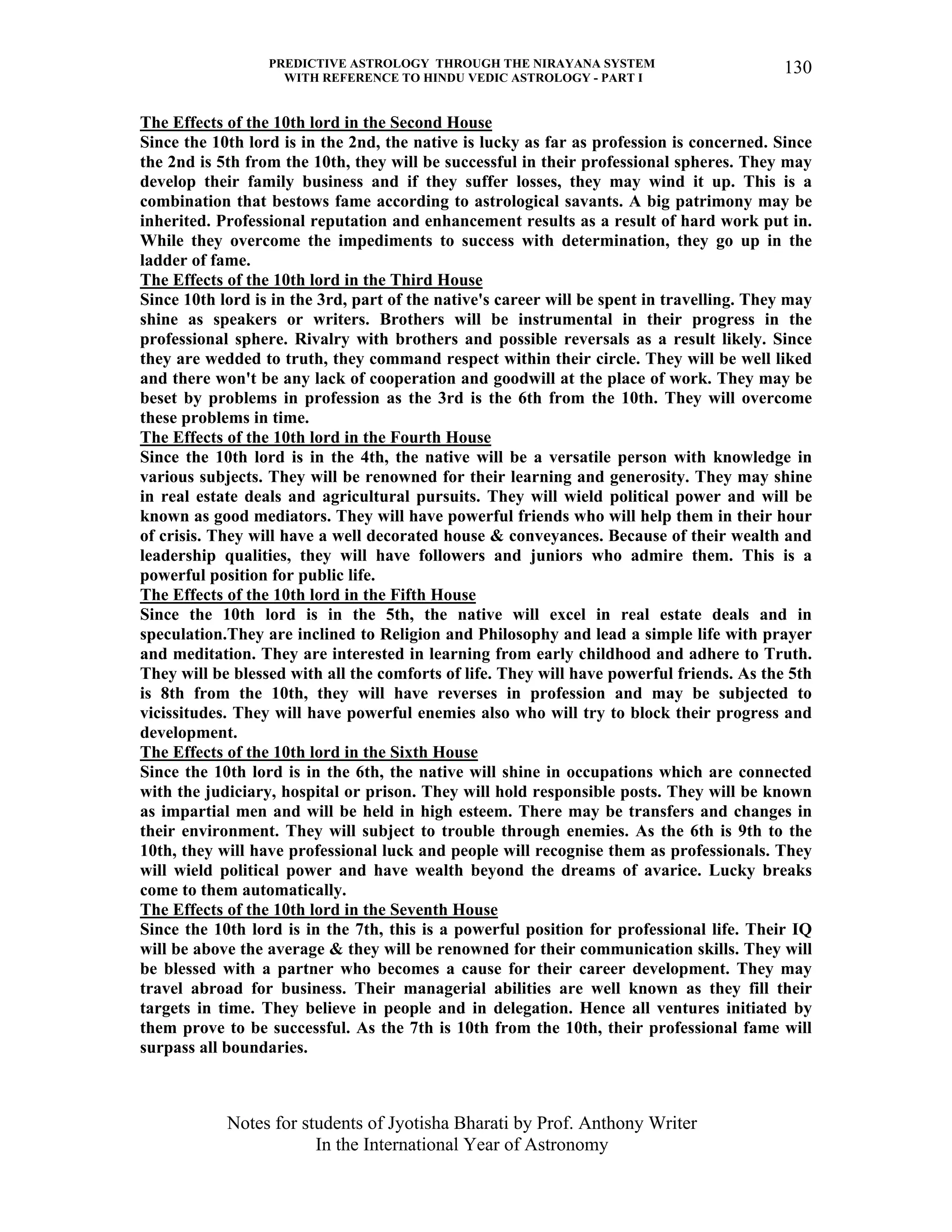 PREDICTIVE ASTROLOGY THROUGH THE NIRAYANA SYSTEM
WITH REFERENCE TO HINDU VEDIC ASTROLOGY - PART I
Notes for students of Jyotisha Bharati by Prof. Anthony Writer
In the International Year of Astronomy
130
The Effects of the 10th lord in the Second House
Since the 10th lord is in the 2nd, the native is lucky as far as profession is concerned. Since
the 2nd is 5th from the 10th, they will be successful in their professional spheres. They may
develop their family business and if they suffer losses, they may wind it up. This is a
combination that bestows fame according to astrological savants. A big patrimony may be
inherited. Professional reputation and enhancement results as a result of hard work put in.
While they overcome the impediments to success with determination, they go up in the
ladder of fame.
The Effects of the 10th lord in the Third House
Since 10th lord is in the 3rd, part of the native's career will be spent in travelling. They may
shine as speakers or writers. Brothers will be instrumental in their progress in the
professional sphere. Rivalry with brothers and possible reversals as a result likely. Since
they are wedded to truth, they command respect within their circle. They will be well liked
and there won't be any lack of cooperation and goodwill at the place of work. They may be
beset by problems in profession as the 3rd is the 6th from the 10th. They will overcome
these problems in time.
The Effects of the 10th lord in the Fourth House
Since the 10th lord is in the 4th, the native will be a versatile person with knowledge in
various subjects. They will be renowned for their learning and generosity. They may shine
in real estate deals and agricultural pursuits. They will wield political power and will be
known as good mediators. They will have powerful friends who will help them in their hour
of crisis. They will have a well decorated house & conveyances. Because of their wealth and
leadership qualities, they will have followers and juniors who admire them. This is a
powerful position for public life.
The Effects of the 10th lord in the Fifth House
Since the 10th lord is in the 5th, the native will excel in real estate deals and in
speculation.They are inclined to Religion and Philosophy and lead a simple life with prayer
and meditation. They are interested in learning from early childhood and adhere to Truth.
They will be blessed with all the comforts of life. They will have powerful friends. As the 5th
is 8th from the 10th, they will have reverses in profession and may be subjected to
vicissitudes. They will have powerful enemies also who will try to block their progress and
development.
The Effects of the 10th lord in the Sixth House
Since the 10th lord is in the 6th, the native will shine in occupations which are connected
with the judiciary, hospital or prison. They will hold responsible posts. They will be known
as impartial men and will be held in high esteem. There may be transfers and changes in
their environment. They will subject to trouble through enemies. As the 6th is 9th to the
10th, they will have professional luck and people will recognise them as professionals. They
will wield political power and have wealth beyond the dreams of avarice. Lucky breaks
come to them automatically.
The Effects of the 10th lord in the Seventh House
Since the 10th lord is in the 7th, this is a powerful position for professional life. Their IQ
will be above the average & they will be renowned for their communication skills. They will
be blessed with a partner who becomes a cause for their career development. They may
travel abroad for business. Their managerial abilities are well known as they fill their
targets in time. They believe in people and in delegation. Hence all ventures initiated by
them prove to be successful. As the 7th is 10th from the 10th, their professional fame will
surpass all boundaries.
 