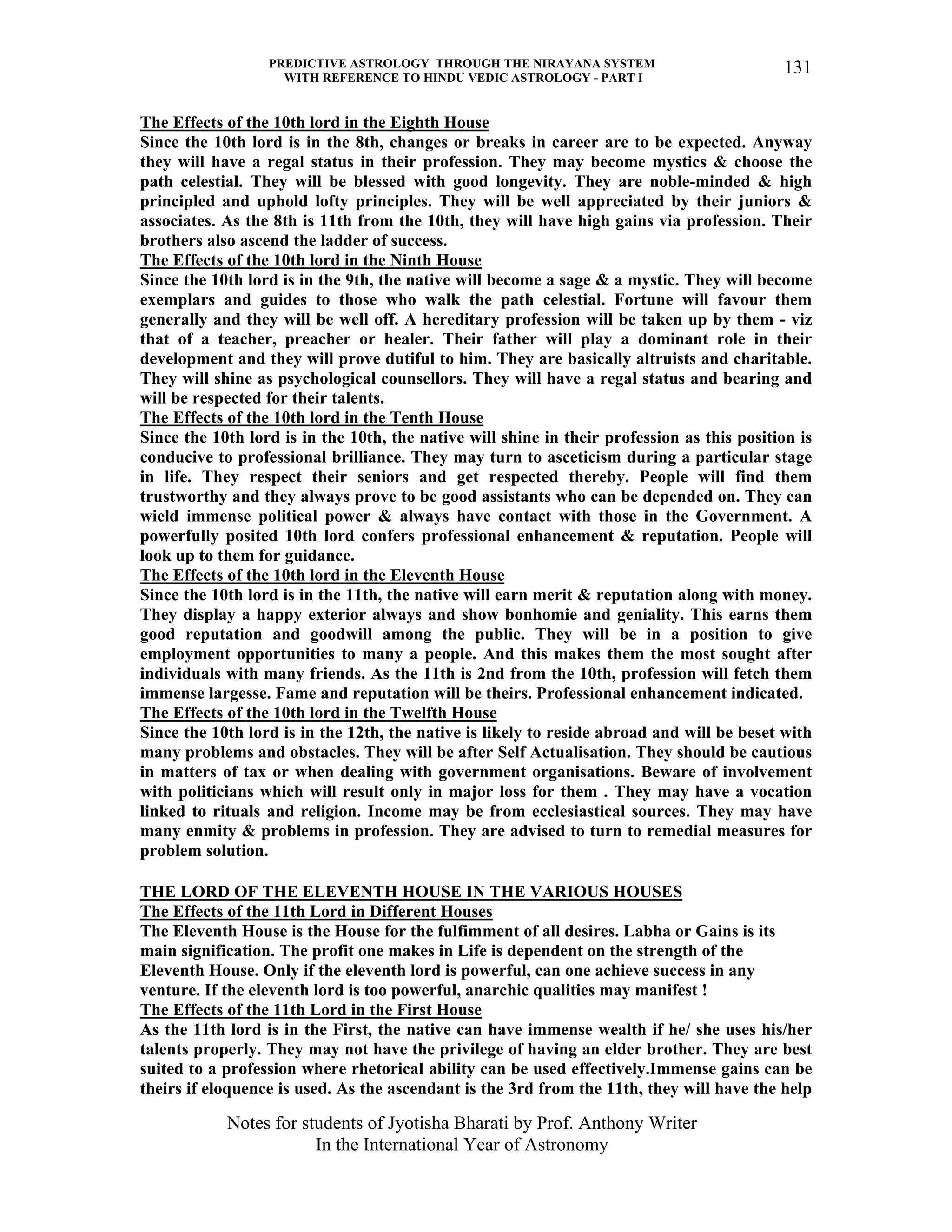 PREDICTIVE ASTROLOGY THROUGH THE NIRAYANA SYSTEM
WITH REFERENCE TO HINDU VEDIC ASTROLOGY - PART I
Notes for students of Jyotisha Bharati by Prof. Anthony Writer
In the International Year of Astronomy
131
The Effects of the 10th lord in the Eighth House
Since the 10th lord is in the 8th, changes or breaks in career are to be expected. Anyway
they will have a regal status in their profession. They may become mystics & choose the
path celestial. They will be blessed with good longevity. They are noble-minded & high
principled and uphold lofty principles. They will be well appreciated by their juniors &
associates. As the 8th is 11th from the 10th, they will have high gains via profession. Their
brothers also ascend the ladder of success.
The Effects of the 10th lord in the Ninth House
Since the 10th lord is in the 9th, the native will become a sage & a mystic. They will become
exemplars and guides to those who walk the path celestial. Fortune will favour them
generally and they will be well off. A hereditary profession will be taken up by them - viz
that of a teacher, preacher or healer. Their father will play a dominant role in their
development and they will prove dutiful to him. They are basically altruists and charitable.
They will shine as psychological counsellors. They will have a regal status and bearing and
will be respected for their talents.
The Effects of the 10th lord in the Tenth House
Since the 10th lord is in the 10th, the native will shine in their profession as this position is
conducive to professional brilliance. They may turn to asceticism during a particular stage
in life. They respect their seniors and get respected thereby. People will find them
trustworthy and they always prove to be good assistants who can be depended on. They can
wield immense political power & always have contact with those in the Government. A
powerfully posited 10th lord confers professional enhancement & reputation. People will
look up to them for guidance.
The Effects of the 10th lord in the Eleventh House
Since the 10th lord is in the 11th, the native will earn merit & reputation along with money.
They display a happy exterior always and show bonhomie and geniality. This earns them
good reputation and goodwill among the public. They will be in a position to give
employment opportunities to many a people. And this makes them the most sought after
individuals with many friends. As the 11th is 2nd from the 10th, profession will fetch them
immense largesse. Fame and reputation will be theirs. Professional enhancement indicated.
The Effects of the 10th lord in the Twelfth House
Since the 10th lord is in the 12th, the native is likely to reside abroad and will be beset with
many problems and obstacles. They will be after Self Actualisation. They should be cautious
in matters of tax or when dealing with government organisations. Beware of involvement
with politicians which will result only in major loss for them . They may have a vocation
linked to rituals and religion. Income may be from ecclesiastical sources. They may have
many enmity & problems in profession. They are advised to turn to remedial measures for
problem solution.
THE LORD OF THE ELEVENTH HOUSE IN THE VARIOUS HOUSES
The Effects of the 11th Lord in Different Houses
The Eleventh House is the House for the fulfimment of all desires. Labha or Gains is its
main signification. The profit one makes in Life is dependent on the strength of the
Eleventh House. Only if the eleventh lord is powerful, can one achieve success in any
venture. If the eleventh lord is too powerful, anarchic qualities may manifest !
The Effects of the 11th Lord in the First House
As the 11th lord is in the First, the native can have immense wealth if he/ she uses his/her
talents properly. They may not have the privilege of having an elder brother. They are best
suited to a profession where rhetorical ability can be used effectively.Immense gains can be
theirs if eloquence is used. As the ascendant is the 3rd from the 11th, they will have the help
 