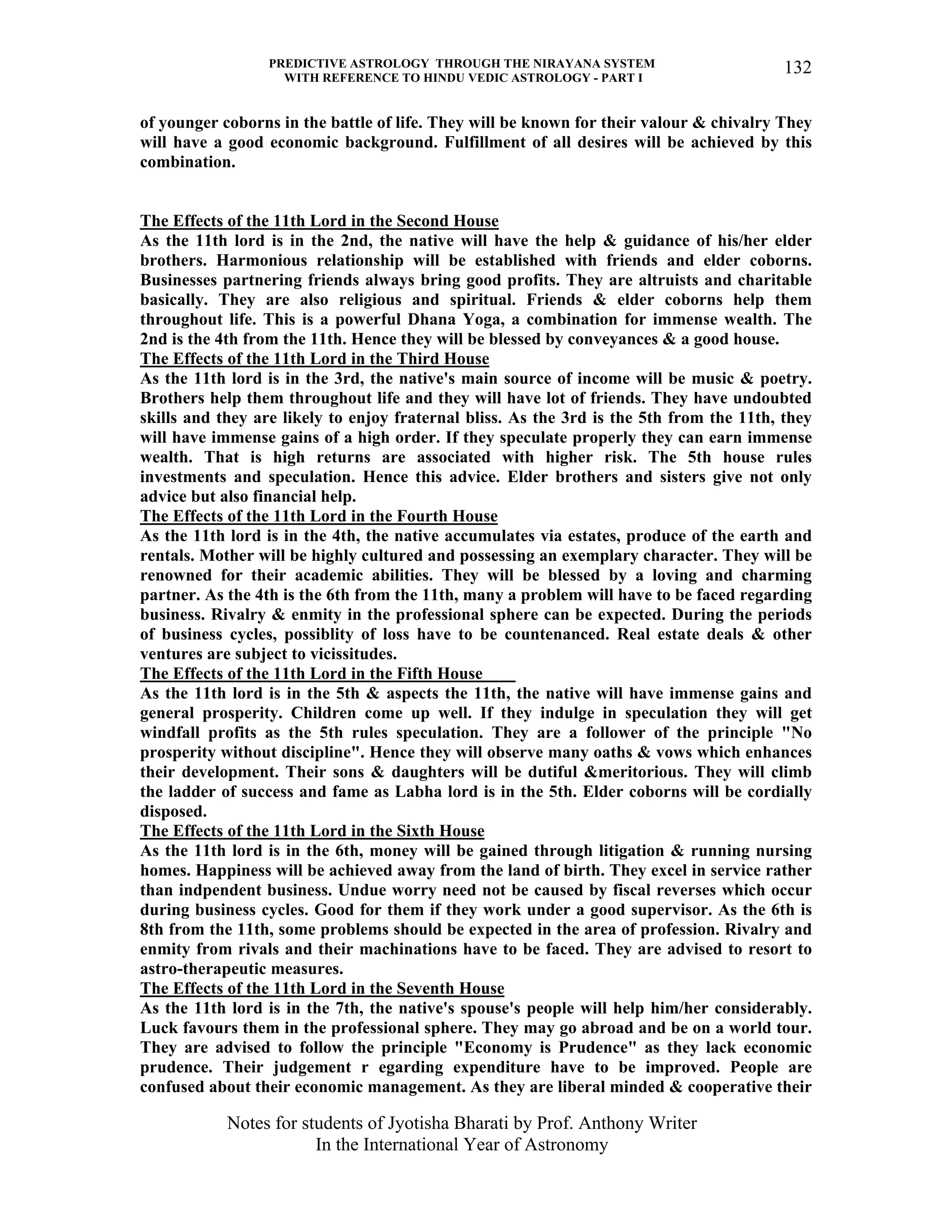 PREDICTIVE ASTROLOGY THROUGH THE NIRAYANA SYSTEM
WITH REFERENCE TO HINDU VEDIC ASTROLOGY - PART I
Notes for students of Jyotisha Bharati by Prof. Anthony Writer
In the International Year of Astronomy
132
of younger coborns in the battle of life. They will be known for their valour & chivalry They
will have a good economic background. Fulfillment of all desires will be achieved by this
combination.
The Effects of the 11th Lord in the Second House
As the 11th lord is in the 2nd, the native will have the help & guidance of his/her elder
brothers. Harmonious relationship will be established with friends and elder coborns.
Businesses partnering friends always bring good profits. They are altruists and charitable
basically. They are also religious and spiritual. Friends & elder coborns help them
throughout life. This is a powerful Dhana Yoga, a combination for immense wealth. The
2nd is the 4th from the 11th. Hence they will be blessed by conveyances & a good house.
The Effects of the 11th Lord in the Third House
As the 11th lord is in the 3rd, the native's main source of income will be music & poetry.
Brothers help them throughout life and they will have lot of friends. They have undoubted
skills and they are likely to enjoy fraternal bliss. As the 3rd is the 5th from the 11th, they
will have immense gains of a high order. If they speculate properly they can earn immense
wealth. That is high returns are associated with higher risk. The 5th house rules
investments and speculation. Hence this advice. Elder brothers and sisters give not only
advice but also financial help.
The Effects of the 11th Lord in the Fourth House
As the 11th lord is in the 4th, the native accumulates via estates, produce of the earth and
rentals. Mother will be highly cultured and possessing an exemplary character. They will be
renowned for their academic abilities. They will be blessed by a loving and charming
partner. As the 4th is the 6th from the 11th, many a problem will have to be faced regarding
business. Rivalry & enmity in the professional sphere can be expected. During the periods
of business cycles, possiblity of loss have to be countenanced. Real estate deals & other
ventures are subject to vicissitudes.
The Effects of the 11th Lord in the Fifth House
As the 11th lord is in the 5th & aspects the 11th, the native will have immense gains and
general prosperity. Children come up well. If they indulge in speculation they will get
windfall profits as the 5th rules speculation. They are a follower of the principle "No
prosperity without discipline". Hence they will observe many oaths & vows which enhances
their development. Their sons & daughters will be dutiful &meritorious. They will climb
the ladder of success and fame as Labha lord is in the 5th. Elder coborns will be cordially
disposed.
The Effects of the 11th Lord in the Sixth House
As the 11th lord is in the 6th, money will be gained through litigation & running nursing
homes. Happiness will be achieved away from the land of birth. They excel in service rather
than indpendent business. Undue worry need not be caused by fiscal reverses which occur
during business cycles. Good for them if they work under a good supervisor. As the 6th is
8th from the 11th, some problems should be expected in the area of profession. Rivalry and
enmity from rivals and their machinations have to be faced. They are advised to resort to
astro-therapeutic measures.
The Effects of the 11th Lord in the Seventh House
As the 11th lord is in the 7th, the native's spouse's people will help him/her considerably.
Luck favours them in the professional sphere. They may go abroad and be on a world tour.
They are advised to follow the principle "Economy is Prudence" as they lack economic
prudence. Their judgement r egarding expenditure have to be improved. People are
confused about their economic management. As they are liberal minded & cooperative their
 