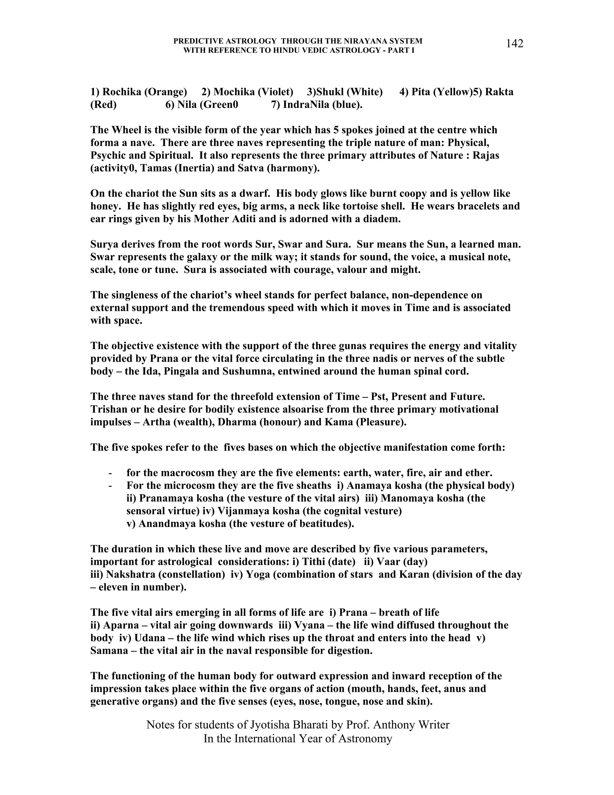 PREDICTIVE ASTROLOGY THROUGH THE NIRAYANA SYSTEM
WITH REFERENCE TO HINDU VEDIC ASTROLOGY - PART I
Notes for students of Jyotisha Bharati by Prof. Anthony Writer
In the International Year of Astronomy
142
1) Rochika (Orange) 2) Mochika (Violet) 3)Shukl (White) 4) Pita (Yellow)5) Rakta
(Red) 6) Nila (Green0 7) IndraNila (blue).
The Wheel is the visible form of the year which has 5 spokes joined at the centre which
forma a nave. There are three naves representing the triple nature of man: Physical,
Psychic and Spiritual. It also represents the three primary attributes of Nature : Rajas
(activity0, Tamas (Inertia) and Satva (harmony).
On the chariot the Sun sits as a dwarf. His body glows like burnt coopy and is yellow like
honey. He has slightly red eyes, big arms, a neck like tortoise shell. He wears bracelets and
ear rings given by his Mother Aditi and is adorned with a diadem.
Surya derives from the root words Sur, Swar and Sura. Sur means the Sun, a learned man.
Swar represents the galaxy or the milk way; it stands for sound, the voice, a musical note,
scale, tone or tune. Sura is associated with courage, valour and might.
The singleness of the chariot’s wheel stands for perfect balance, non-dependence on
external support and the tremendous speed with which it moves in Time and is associated
with space.
The objective existence with the support of the three gunas requires the energy and vitality
provided by Prana or the vital force circulating in the three nadis or nerves of the subtle
body – the Ida, Pingala and Sushumna, entwined around the human spinal cord.
The three naves stand for the threefold extension of Time – Pst, Present and Future.
Trishan or he desire for bodily existence alsoarise from the three primary motivational
impulses – Artha (wealth), Dharma (honour) and Kama (Pleasure).
The five spokes refer to the fives bases on which the objective manifestation come forth:
- for the macrocosm they are the five elements: earth, water, fire, air and ether.
- For the microcosm they are the five sheaths i) Anamaya kosha (the physical body)
ii) Pranamaya kosha (the vesture of the vital airs) iii) Manomaya kosha (the
sensoral virtue) iv) Vijanmaya kosha (the cognital vesture)
v) Anandmaya kosha (the vesture of beatitudes).
The duration in which these live and move are described by five various parameters,
important for astrological considerations: i) Tithi (date) ii) Vaar (day)
iii) Nakshatra (constellation) iv) Yoga (combination of stars and Karan (division of the day
– eleven in number).
The five vital airs emerging in all forms of life are i) Prana – breath of life
ii) Aparna – vital air going downwards iii) Vyana – the life wind diffused throughout the
body iv) Udana – the life wind which rises up the throat and enters into the head v)
Samana – the vital air in the naval responsible for digestion.
The functioning of the human body for outward expression and inward reception of the
impression takes place within the five organs of action (mouth, hands, feet, anus and
generative organs) and the five senses (eyes, nose, tongue, nose and skin).
 