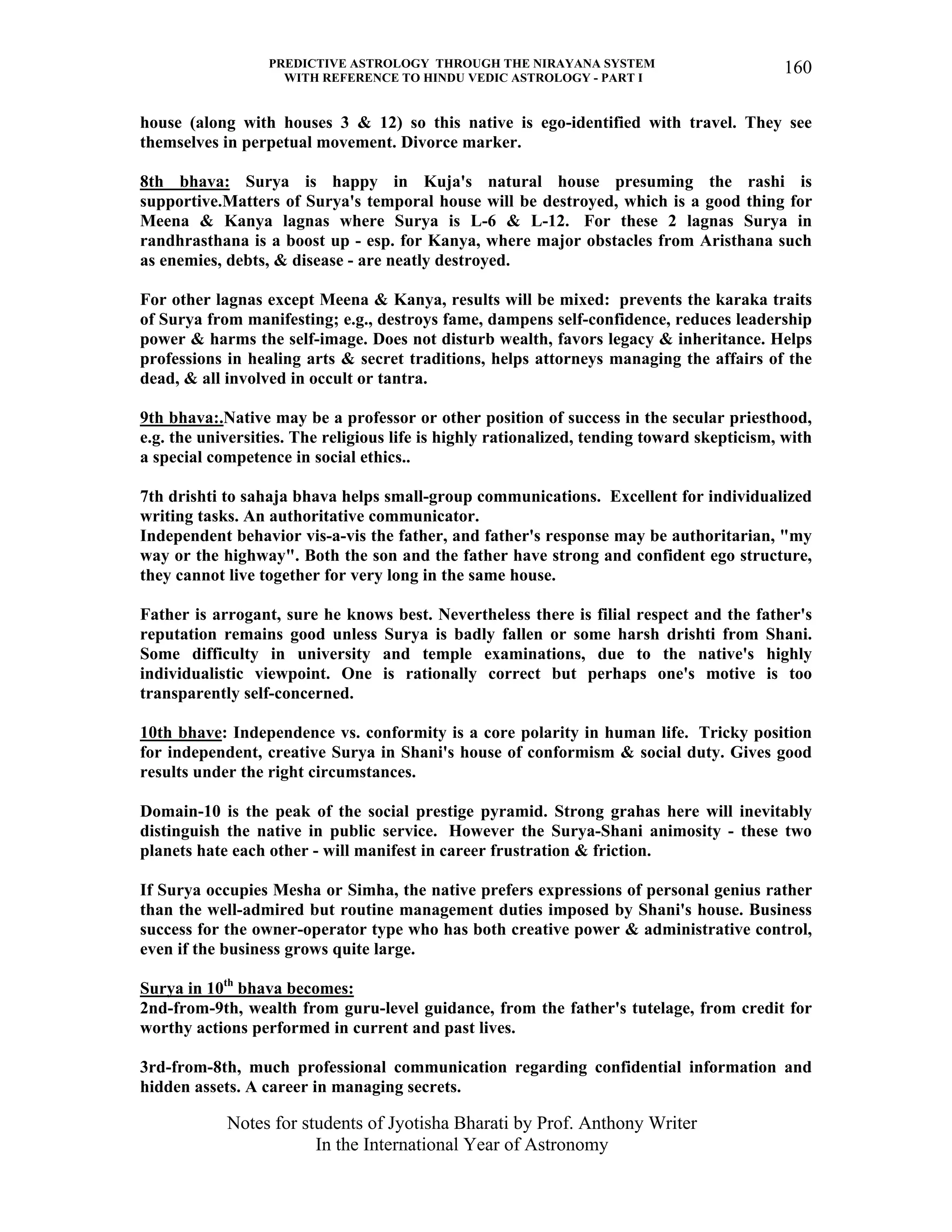 PREDICTIVE ASTROLOGY THROUGH THE NIRAYANA SYSTEM
WITH REFERENCE TO HINDU VEDIC ASTROLOGY - PART I
Notes for students of Jyotisha Bharati by Prof. Anthony Writer
In the International Year of Astronomy
160
house (along with houses 3 & 12) so this native is ego-identified with travel. They see
themselves in perpetual movement. Divorce marker.
8th bhava: Surya is happy in Kuja's natural house presuming the rashi is
supportive.Matters of Surya's temporal house will be destroyed, which is a good thing for
Meena & Kanya lagnas where Surya is L-6 & L-12. For these 2 lagnas Surya in
randhrasthana is a boost up - esp. for Kanya, where major obstacles from Aristhana such
as enemies, debts, & disease - are neatly destroyed.
For other lagnas except Meena & Kanya, results will be mixed: prevents the karaka traits
of Surya from manifesting; e.g., destroys fame, dampens self-confidence, reduces leadership
power & harms the self-image. Does not disturb wealth, favors legacy & inheritance. Helps
professions in healing arts & secret traditions, helps attorneys managing the affairs of the
dead, & all involved in occult or tantra.
9th bhava:.Native may be a professor or other position of success in the secular priesthood,
e.g. the universities. The religious life is highly rationalized, tending toward skepticism, with
a special competence in social ethics..
7th drishti to sahaja bhava helps small-group communications. Excellent for individualized
writing tasks. An authoritative communicator.
Independent behavior vis-a-vis the father, and father's response may be authoritarian, "my
way or the highway". Both the son and the father have strong and confident ego structure,
they cannot live together for very long in the same house.
Father is arrogant, sure he knows best. Nevertheless there is filial respect and the father's
reputation remains good unless Surya is badly fallen or some harsh drishti from Shani.
Some difficulty in university and temple examinations, due to the native's highly
individualistic viewpoint. One is rationally correct but perhaps one's motive is too
transparently self-concerned.
10th bhave: Independence vs. conformity is a core polarity in human life. Tricky position
for independent, creative Surya in Shani's house of conformism & social duty. Gives good
results under the right circumstances.
Domain-10 is the peak of the social prestige pyramid. Strong grahas here will inevitably
distinguish the native in public service. However the Surya-Shani animosity - these two
planets hate each other - will manifest in career frustration & friction.
If Surya occupies Mesha or Simha, the native prefers expressions of personal genius rather
than the well-admired but routine management duties imposed by Shani's house. Business
success for the owner-operator type who has both creative power & administrative control,
even if the business grows quite large.
Surya in 10th
bhava becomes:
2nd-from-9th, wealth from guru-level guidance, from the father's tutelage, from credit for
worthy actions performed in current and past lives.
3rd-from-8th, much professional communication regarding confidential information and
hidden assets. A career in managing secrets.
 
