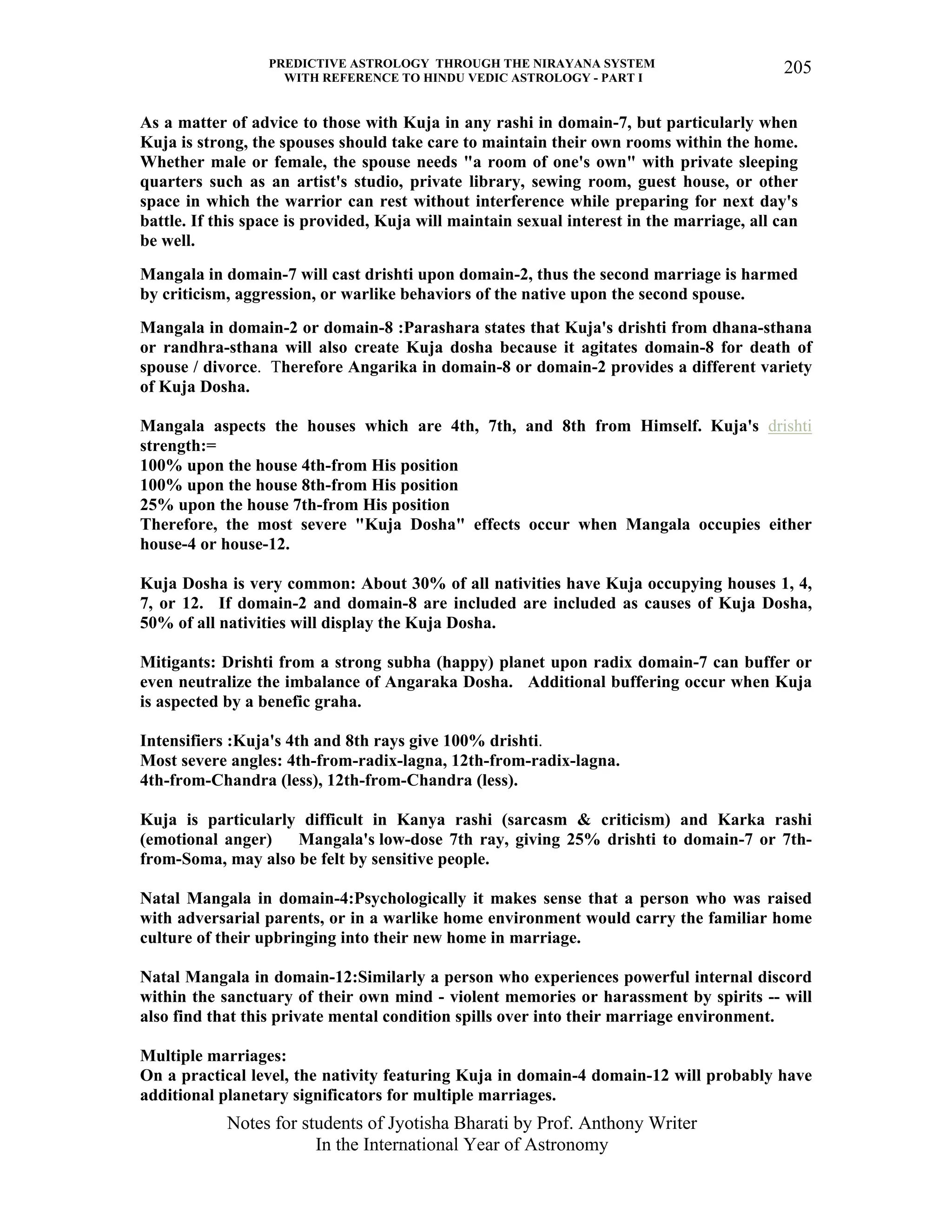 PREDICTIVE ASTROLOGY THROUGH THE NIRAYANA SYSTEM
WITH REFERENCE TO HINDU VEDIC ASTROLOGY - PART I
Notes for students of Jyotisha Bharati by Prof. Anthony Writer
In the International Year of Astronomy
205
As a matter of advice to those with Kuja in any rashi in domain-7, but particularly when
Kuja is strong, the spouses should take care to maintain their own rooms within the home.
Whether male or female, the spouse needs "a room of one's own" with private sleeping
quarters such as an artist's studio, private library, sewing room, guest house, or other
space in which the warrior can rest without interference while preparing for next day's
battle. If this space is provided, Kuja will maintain sexual interest in the marriage, all can
be well.
Mangala in domain-7 will cast drishti upon domain-2, thus the second marriage is harmed
by criticism, aggression, or warlike behaviors of the native upon the second spouse.
Mangala in domain-2 or domain-8 :Parashara states that Kuja's drishti from dhana-sthana
or randhra-sthana will also create Kuja dosha because it agitates domain-8 for death of
spouse / divorce. Therefore Angarika in domain-8 or domain-2 provides a different variety
of Kuja Dosha.
Mangala aspects the houses which are 4th, 7th, and 8th from Himself. Kuja's drishti
strength:=
100% upon the house 4th-from His position
100% upon the house 8th-from His position
25% upon the house 7th-from His position
Therefore, the most severe "Kuja Dosha" effects occur when Mangala occupies either
house-4 or house-12.
Kuja Dosha is very common: About 30% of all nativities have Kuja occupying houses 1, 4,
7, or 12. If domain-2 and domain-8 are included are included as causes of Kuja Dosha,
50% of all nativities will display the Kuja Dosha.
Mitigants: Drishti from a strong subha (happy) planet upon radix domain-7 can buffer or
even neutralize the imbalance of Angaraka Dosha. Additional buffering occur when Kuja
is aspected by a benefic graha.
Intensifiers :Kuja's 4th and 8th rays give 100% drishti.
Most severe angles: 4th-from-radix-lagna, 12th-from-radix-lagna.
4th-from-Chandra (less), 12th-from-Chandra (less).
Kuja is particularly difficult in Kanya rashi (sarcasm & criticism) and Karka rashi
(emotional anger) Mangala's low-dose 7th ray, giving 25% drishti to domain-7 or 7th-
from-Soma, may also be felt by sensitive people.
Natal Mangala in domain-4:Psychologically it makes sense that a person who was raised
with adversarial parents, or in a warlike home environment would carry the familiar home
culture of their upbringing into their new home in marriage.
Natal Mangala in domain-12:Similarly a person who experiences powerful internal discord
within the sanctuary of their own mind - violent memories or harassment by spirits -- will
also find that this private mental condition spills over into their marriage environment.
Multiple marriages:
On a practical level, the nativity featuring Kuja in domain-4 domain-12 will probably have
additional planetary significators for multiple marriages.
 