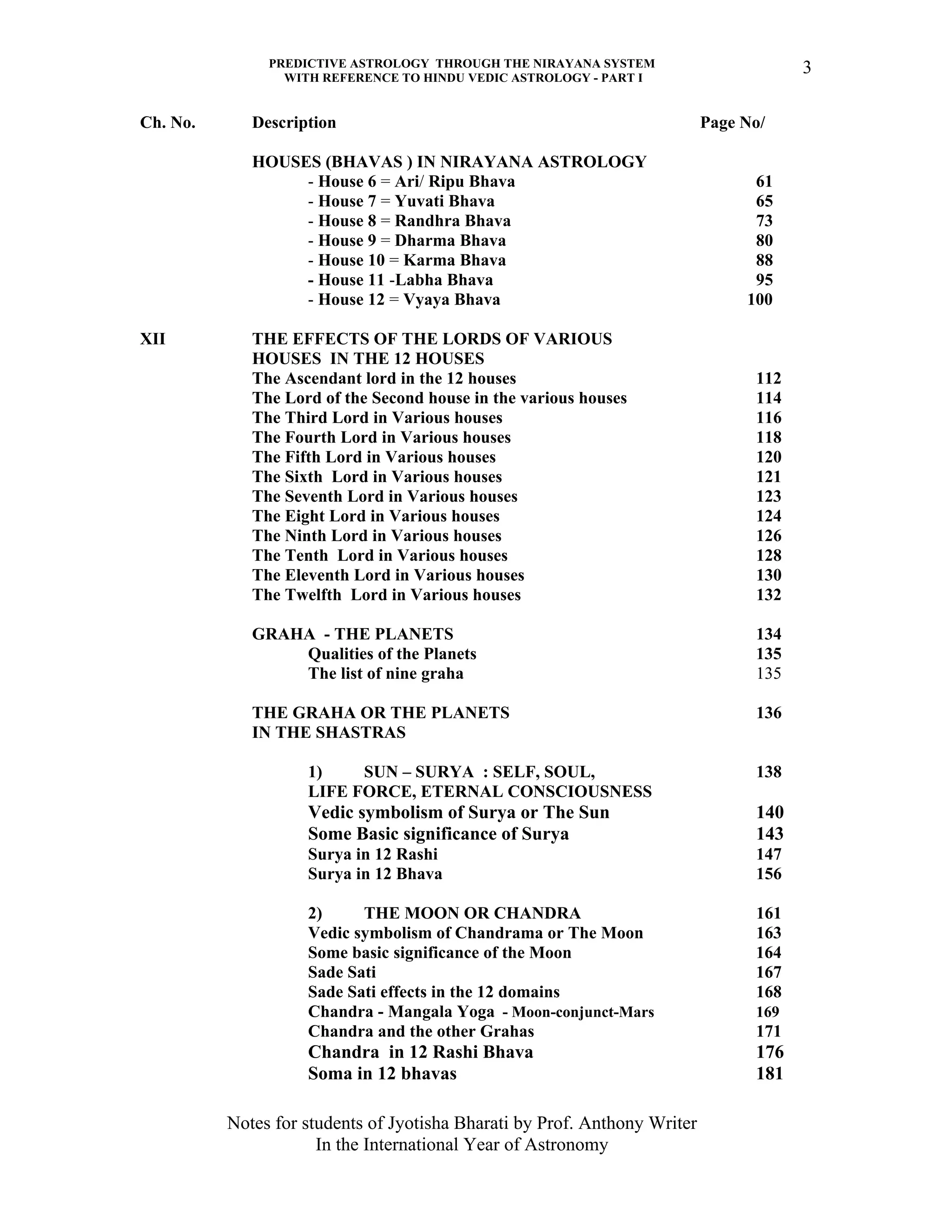 PREDICTIVE ASTROLOGY THROUGH THE NIRAYANA SYSTEM
WITH REFERENCE TO HINDU VEDIC ASTROLOGY - PART I
Notes for students of Jyotisha Bharati by Prof. Anthony Writer
In the International Year of Astronomy
3
Ch. No. Description Page No/
HOUSES (BHAVAS ) IN NIRAYANA ASTROLOGY
- House 6 = Ari/ Ripu Bhava 61
- House 7 = Yuvati Bhava 65
- House 8 = Randhra Bhava 73
- House 9 = Dharma Bhava 80
- House 10 = Karma Bhava 88
- House 11 -Labha Bhava 95
- House 12 = Vyaya Bhava 100
XII THE EFFECTS OF THE LORDS OF VARIOUS
HOUSES IN THE 12 HOUSES
The Ascendant lord in the 12 houses 112
The Lord of the Second house in the various houses 114
The Third Lord in Various houses 116
The Fourth Lord in Various houses 118
The Fifth Lord in Various houses 120
The Sixth Lord in Various houses 121
The Seventh Lord in Various houses 123
The Eight Lord in Various houses 124
The Ninth Lord in Various houses 126
The Tenth Lord in Various houses 128
The Eleventh Lord in Various houses 130
The Twelfth Lord in Various houses 132
GRAHA - THE PLANETS 134
Qualities of the Planets 135
The list of nine graha 135
THE GRAHA OR THE PLANETS 136
IN THE SHASTRAS
1) SUN – SURYA : SELF, SOUL, 138
LIFE FORCE, ETERNAL CONSCIOUSNESS
Vedic symbolism of Surya or The Sun 140
Some Basic significance of Surya 143
Surya in 12 Rashi 147
Surya in 12 Bhava 156
2) THE MOON OR CHANDRA 161
Vedic symbolism of Chandrama or The Moon 163
Some basic significance of the Moon 164
Sade Sati 167
Sade Sati effects in the 12 domains 168
Chandra - Mangala Yoga - Moon-conjunct-Mars 169
Chandra and the other Grahas 171
Chandra in 12 Rashi Bhava 176
Soma in 12 bhavas 181
 
