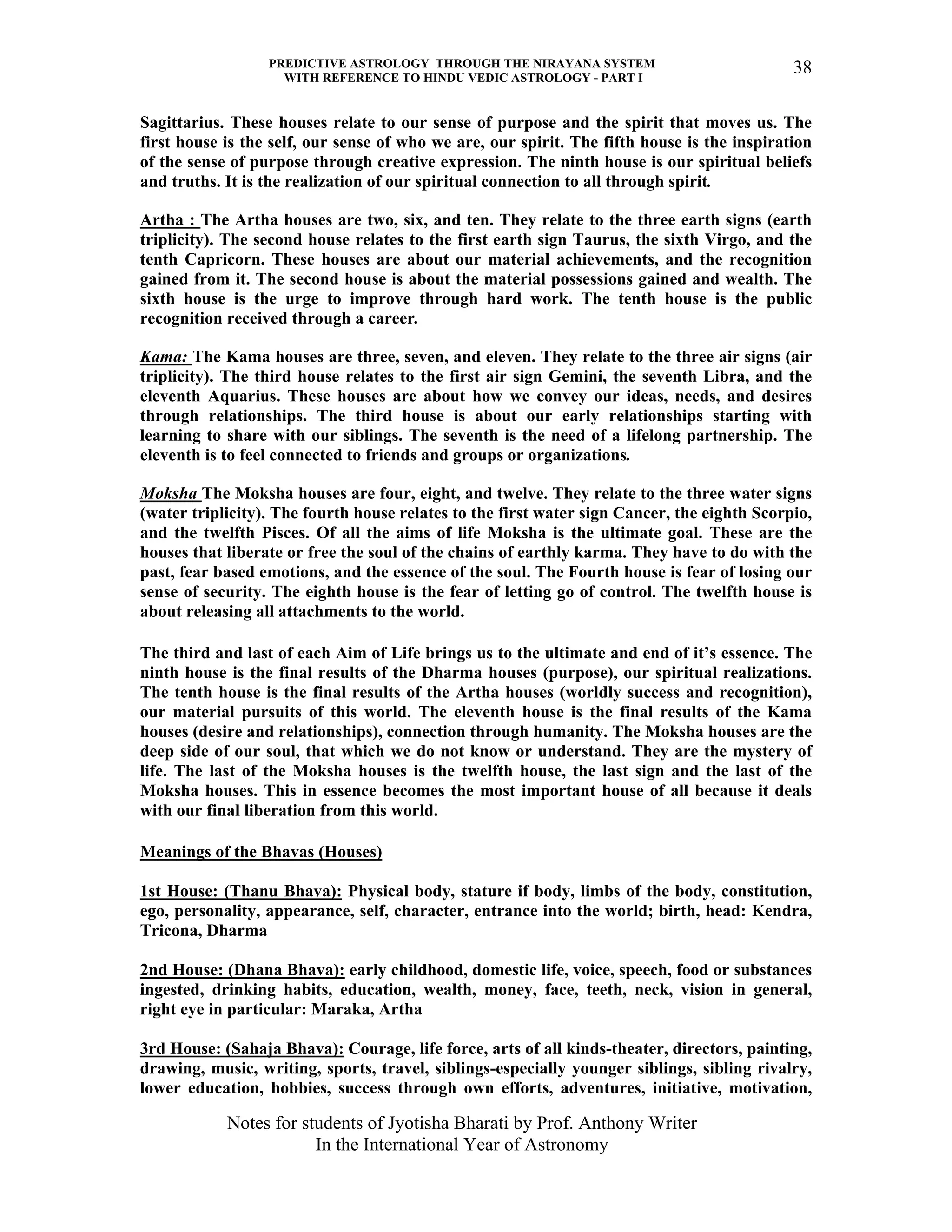 PREDICTIVE ASTROLOGY THROUGH THE NIRAYANA SYSTEM
WITH REFERENCE TO HINDU VEDIC ASTROLOGY - PART I
Notes for students of Jyotisha Bharati by Prof. Anthony Writer
In the International Year of Astronomy
38
Sagittarius. These houses relate to our sense of purpose and the spirit that moves us. The
first house is the self, our sense of who we are, our spirit. The fifth house is the inspiration
of the sense of purpose through creative expression. The ninth house is our spiritual beliefs
and truths. It is the realization of our spiritual connection to all through spirit.
Artha : The Artha houses are two, six, and ten. They relate to the three earth signs (earth
triplicity). The second house relates to the first earth sign Taurus, the sixth Virgo, and the
tenth Capricorn. These houses are about our material achievements, and the recognition
gained from it. The second house is about the material possessions gained and wealth. The
sixth house is the urge to improve through hard work. The tenth house is the public
recognition received through a career.
Kama: The Kama houses are three, seven, and eleven. They relate to the three air signs (air
triplicity). The third house relates to the first air sign Gemini, the seventh Libra, and the
eleventh Aquarius. These houses are about how we convey our ideas, needs, and desires
through relationships. The third house is about our early relationships starting with
learning to share with our siblings. The seventh is the need of a lifelong partnership. The
eleventh is to feel connected to friends and groups or organizations.
Moksha The Moksha houses are four, eight, and twelve. They relate to the three water signs
(water triplicity). The fourth house relates to the first water sign Cancer, the eighth Scorpio,
and the twelfth Pisces. Of all the aims of life Moksha is the ultimate goal. These are the
houses that liberate or free the soul of the chains of earthly karma. They have to do with the
past, fear based emotions, and the essence of the soul. The Fourth house is fear of losing our
sense of security. The eighth house is the fear of letting go of control. The twelfth house is
about releasing all attachments to the world.
The third and last of each Aim of Life brings us to the ultimate and end of it’s essence. The
ninth house is the final results of the Dharma houses (purpose), our spiritual realizations.
The tenth house is the final results of the Artha houses (worldly success and recognition),
our material pursuits of this world. The eleventh house is the final results of the Kama
houses (desire and relationships), connection through humanity. The Moksha houses are the
deep side of our soul, that which we do not know or understand. They are the mystery of
life. The last of the Moksha houses is the twelfth house, the last sign and the last of the
Moksha houses. This in essence becomes the most important house of all because it deals
with our final liberation from this world.
Meanings of the Bhavas (Houses)
1st House: (Thanu Bhava): Physical body, stature if body, limbs of the body, constitution,
ego, personality, appearance, self, character, entrance into the world; birth, head: Kendra,
Tricona, Dharma
2nd House: (Dhana Bhava): early childhood, domestic life, voice, speech, food or substances
ingested, drinking habits, education, wealth, money, face, teeth, neck, vision in general,
right eye in particular: Maraka, Artha
3rd House: (Sahaja Bhava): Courage, life force, arts of all kinds-theater, directors, painting,
drawing, music, writing, sports, travel, siblings-especially younger siblings, sibling rivalry,
lower education, hobbies, success through own efforts, adventures, initiative, motivation,
 