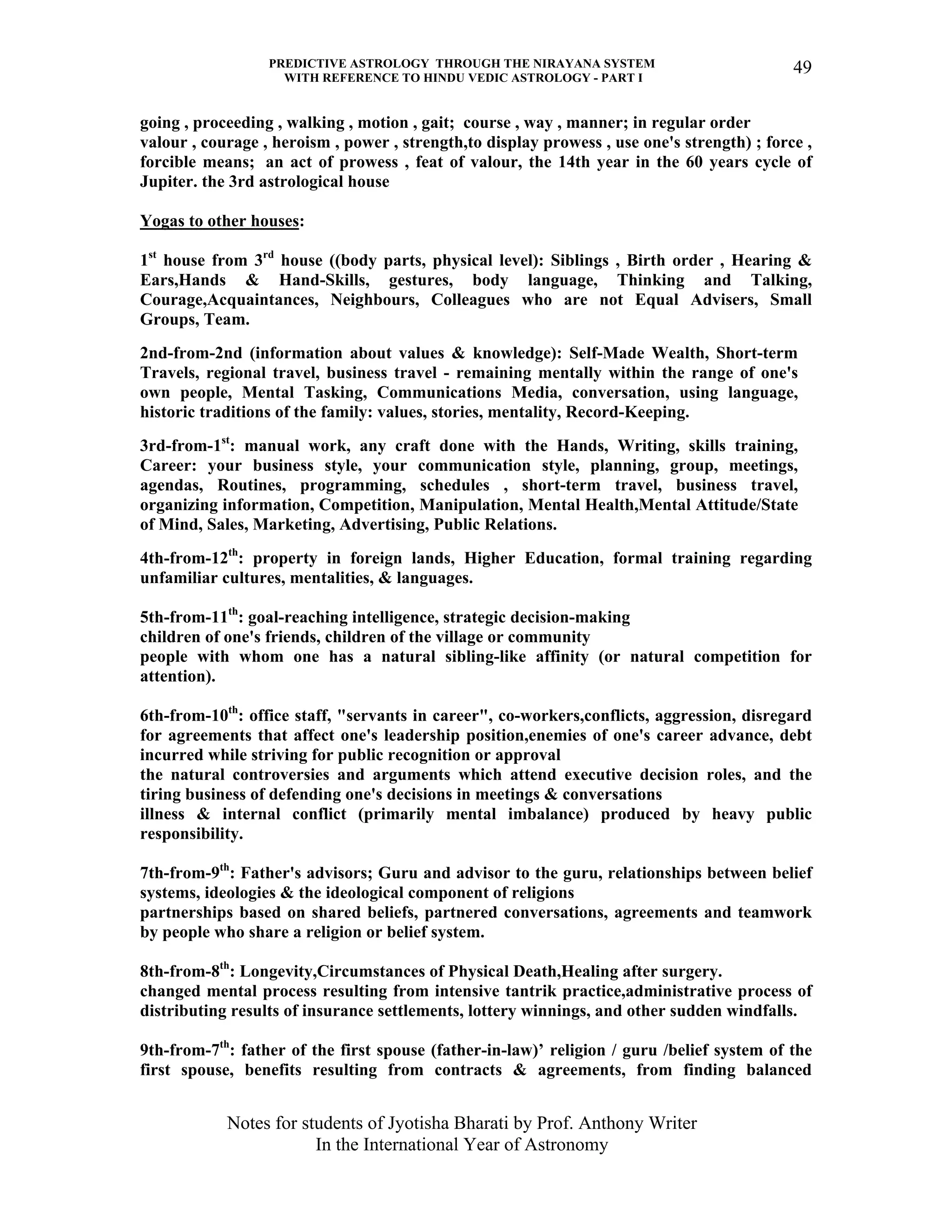 PREDICTIVE ASTROLOGY THROUGH THE NIRAYANA SYSTEM
WITH REFERENCE TO HINDU VEDIC ASTROLOGY - PART I
Notes for students of Jyotisha Bharati by Prof. Anthony Writer
In the International Year of Astronomy
49
going , proceeding , walking , motion , gait; course , way , manner; in regular order
valour , courage , heroism , power , strength,to display prowess , use one's strength) ; force ,
forcible means; an act of prowess , feat of valour, the 14th year in the 60 years cycle of
Jupiter. the 3rd astrological house
Yogas to other houses:
1st
house from 3rd
house ((body parts, physical level): Siblings , Birth order , Hearing &
Ears,Hands & Hand-Skills, gestures, body language, Thinking and Talking,
Courage,Acquaintances, Neighbours, Colleagues who are not Equal Advisers, Small
Groups, Team.
2nd-from-2nd (information about values & knowledge): Self-Made Wealth, Short-term
Travels, regional travel, business travel - remaining mentally within the range of one's
own people, Mental Tasking, Communications Media, conversation, using language,
historic traditions of the family: values, stories, mentality, Record-Keeping.
3rd-from-1st
: manual work, any craft done with the Hands, Writing, skills training,
Career: your business style, your communication style, planning, group, meetings,
agendas, Routines, programming, schedules , short-term travel, business travel,
organizing information, Competition, Manipulation, Mental Health,Mental Attitude/State
of Mind, Sales, Marketing, Advertising, Public Relations.
4th-from-12th
: property in foreign lands, Higher Education, formal training regarding
unfamiliar cultures, mentalities, & languages.
5th-from-11th
: goal-reaching intelligence, strategic decision-making
children of one's friends, children of the village or community
people with whom one has a natural sibling-like affinity (or natural competition for
attention).
6th-from-10th
: office staff, "servants in career", co-workers,conflicts, aggression, disregard
for agreements that affect one's leadership position,enemies of one's career advance, debt
incurred while striving for public recognition or approval
the natural controversies and arguments which attend executive decision roles, and the
tiring business of defending one's decisions in meetings & conversations
illness & internal conflict (primarily mental imbalance) produced by heavy public
responsibility.
7th-from-9th
: Father's advisors; Guru and advisor to the guru, relationships between belief
systems, ideologies & the ideological component of religions
partnerships based on shared beliefs, partnered conversations, agreements and teamwork
by people who share a religion or belief system.
8th-from-8th
: Longevity,Circumstances of Physical Death,Healing after surgery.
changed mental process resulting from intensive tantrik practice,administrative process of
distributing results of insurance settlements, lottery winnings, and other sudden windfalls.
9th-from-7th
: father of the first spouse (father-in-law)’ religion / guru /belief system of the
first spouse, benefits resulting from contracts & agreements, from finding balanced
 