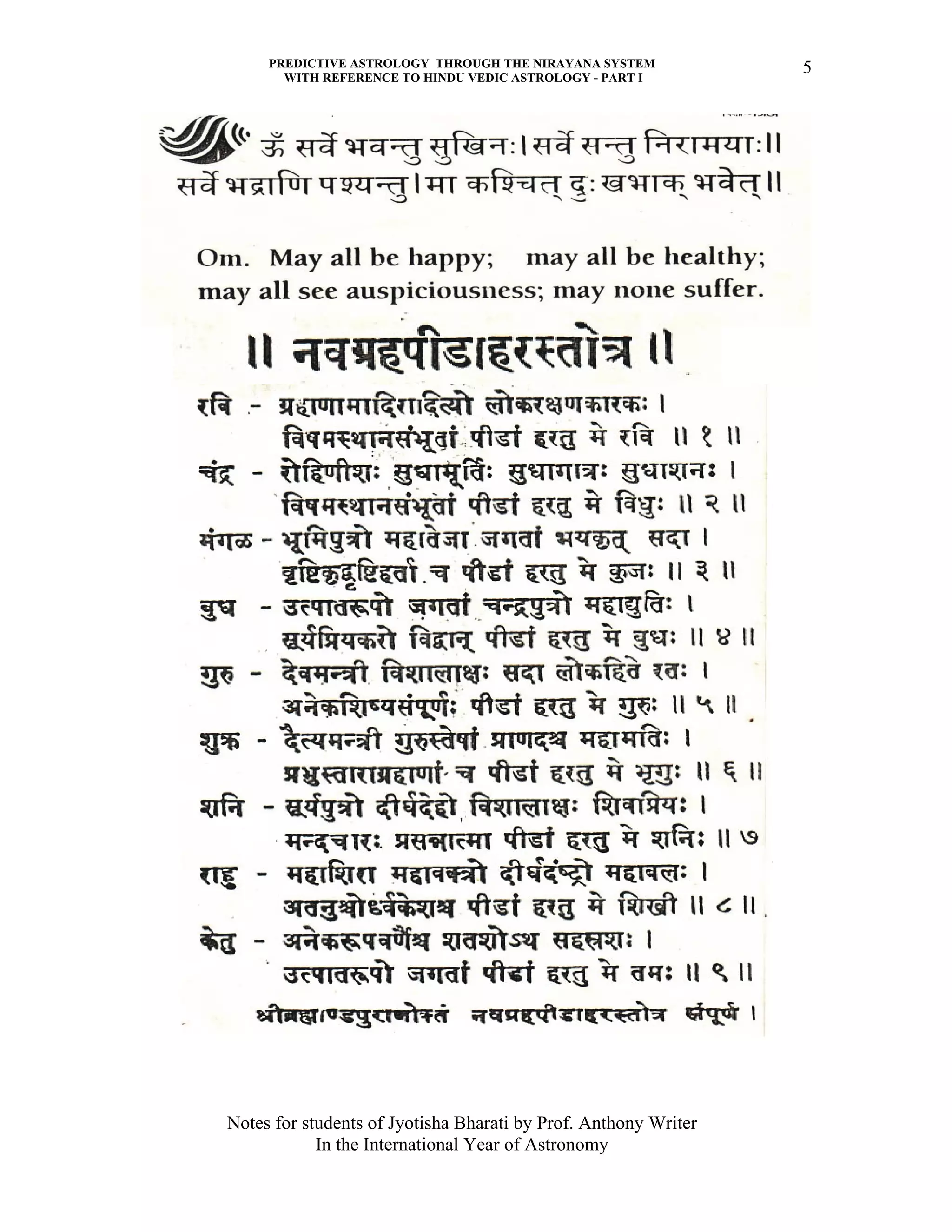 PREDICTIVE ASTROLOGY THROUGH THE NIRAYANA SYSTEM
WITH REFERENCE TO HINDU VEDIC ASTROLOGY - PART I
Notes for students of Jyotisha Bharati by Prof. Anthony Writer
In the International Year of Astronomy
5
 