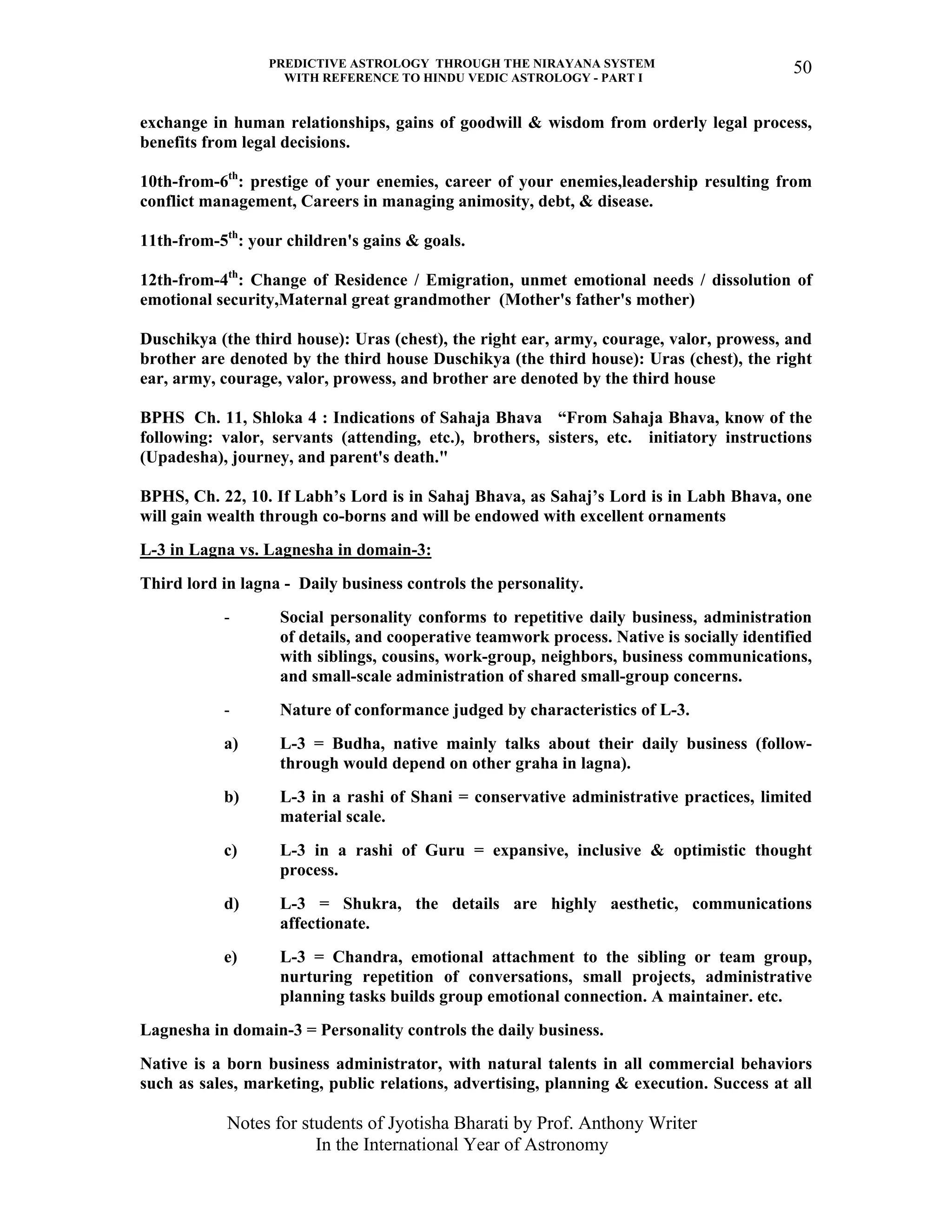 PREDICTIVE ASTROLOGY THROUGH THE NIRAYANA SYSTEM
WITH REFERENCE TO HINDU VEDIC ASTROLOGY - PART I
Notes for students of Jyotisha Bharati by Prof. Anthony Writer
In the International Year of Astronomy
50
exchange in human relationships, gains of goodwill & wisdom from orderly legal process,
benefits from legal decisions.
10th-from-6th
: prestige of your enemies, career of your enemies,leadership resulting from
conflict management, Careers in managing animosity, debt, & disease.
11th-from-5th
: your children's gains & goals.
12th-from-4th
: Change of Residence / Emigration, unmet emotional needs / dissolution of
emotional security,Maternal great grandmother (Mother's father's mother)
Duschikya (the third house): Uras (chest), the right ear, army, courage, valor, prowess, and
brother are denoted by the third house Duschikya (the third house): Uras (chest), the right
ear, army, courage, valor, prowess, and brother are denoted by the third house
BPHS Ch. 11, Shloka 4 : Indications of Sahaja Bhava “From Sahaja Bhava, know of the
following: valor, servants (attending, etc.), brothers, sisters, etc. initiatory instructions
(Upadesha), journey, and parent's death."
BPHS, Ch. 22, 10. If Labh’s Lord is in Sahaj Bhava, as Sahaj’s Lord is in Labh Bhava, one
will gain wealth through co-borns and will be endowed with excellent ornaments
L-3 in Lagna vs. Lagnesha in domain-3:
Third lord in lagna - Daily business controls the personality.
- Social personality conforms to repetitive daily business, administration
of details, and cooperative teamwork process. Native is socially identified
with siblings, cousins, work-group, neighbors, business communications,
and small-scale administration of shared small-group concerns.
- Nature of conformance judged by characteristics of L-3.
a) L-3 = Budha, native mainly talks about their daily business (follow-
through would depend on other graha in lagna).
b) L-3 in a rashi of Shani = conservative administrative practices, limited
material scale.
c) L-3 in a rashi of Guru = expansive, inclusive & optimistic thought
process.
d) L-3 = Shukra, the details are highly aesthetic, communications
affectionate.
e) L-3 = Chandra, emotional attachment to the sibling or team group,
nurturing repetition of conversations, small projects, administrative
planning tasks builds group emotional connection. A maintainer. etc.
Lagnesha in domain-3 = Personality controls the daily business.
Native is a born business administrator, with natural talents in all commercial behaviors
such as sales, marketing, public relations, advertising, planning & execution. Success at all
 