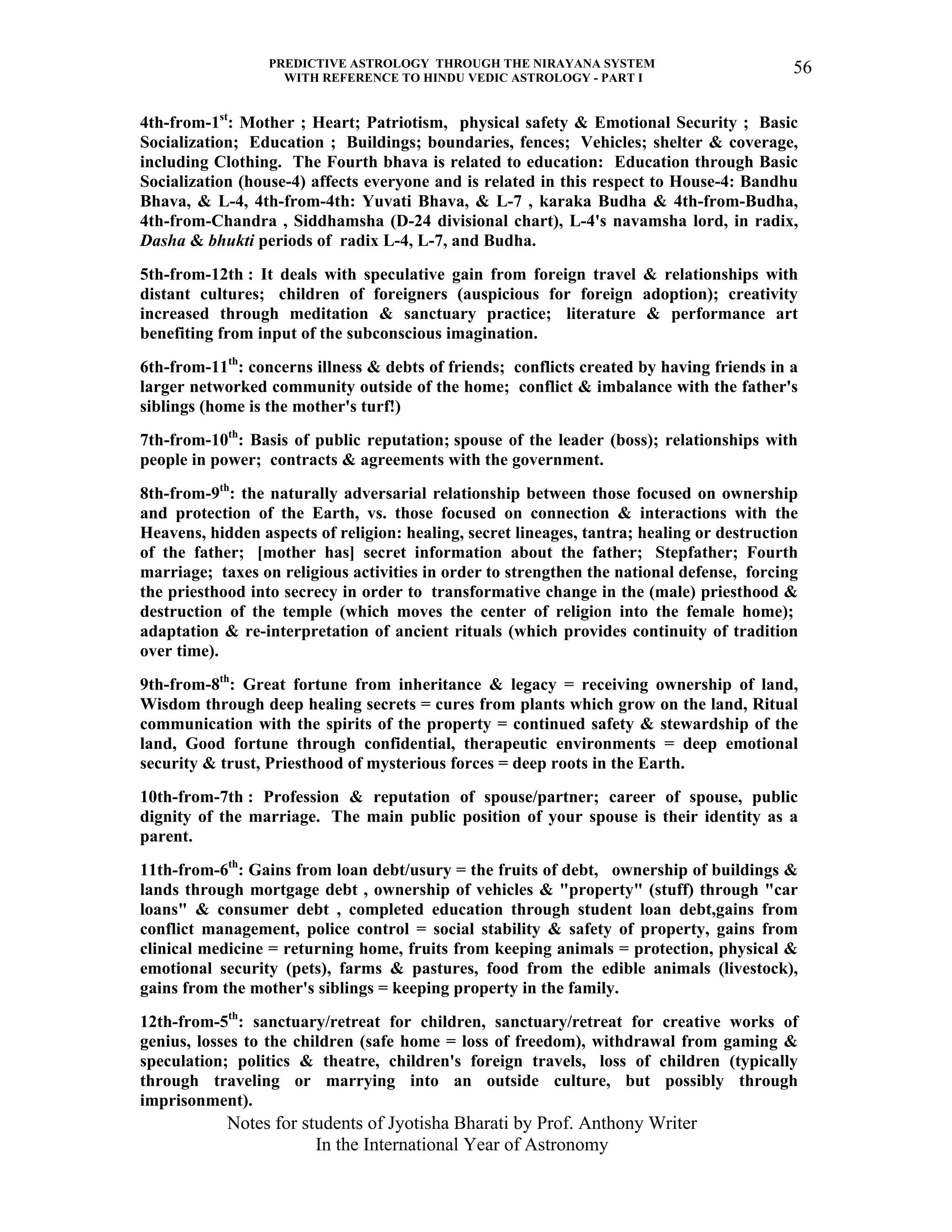 PREDICTIVE ASTROLOGY THROUGH THE NIRAYANA SYSTEM
WITH REFERENCE TO HINDU VEDIC ASTROLOGY - PART I
Notes for students of Jyotisha Bharati by Prof. Anthony Writer
In the International Year of Astronomy
56
4th-from-1st
: Mother ; Heart; Patriotism, physical safety & Emotional Security ; Basic
Socialization; Education ; Buildings; boundaries, fences; Vehicles; shelter & coverage,
including Clothing. The Fourth bhava is related to education: Education through Basic
Socialization (house-4) affects everyone and is related in this respect to House-4: Bandhu
Bhava, & L-4, 4th-from-4th: Yuvati Bhava, & L-7 , karaka Budha & 4th-from-Budha,
4th-from-Chandra , Siddhamsha (D-24 divisional chart), L-4's navamsha lord, in radix,
Dasha & bhukti periods of radix L-4, L-7, and Budha.
5th-from-12th : It deals with speculative gain from foreign travel & relationships with
distant cultures; children of foreigners (auspicious for foreign adoption); creativity
increased through meditation & sanctuary practice; literature & performance art
benefiting from input of the subconscious imagination.
6th-from-11th
: concerns illness & debts of friends; conflicts created by having friends in a
larger networked community outside of the home; conflict & imbalance with the father's
siblings (home is the mother's turf!)
7th-from-10th
: Basis of public reputation; spouse of the leader (boss); relationships with
people in power; contracts & agreements with the government.
8th-from-9th
: the naturally adversarial relationship between those focused on ownership
and protection of the Earth, vs. those focused on connection & interactions with the
Heavens, hidden aspects of religion: healing, secret lineages, tantra; healing or destruction
of the father; [mother has] secret information about the father; Stepfather; Fourth
marriage; taxes on religious activities in order to strengthen the national defense, forcing
the priesthood into secrecy in order to transformative change in the (male) priesthood &
destruction of the temple (which moves the center of religion into the female home);
adaptation & re-interpretation of ancient rituals (which provides continuity of tradition
over time).
9th-from-8th
: Great fortune from inheritance & legacy = receiving ownership of land,
Wisdom through deep healing secrets = cures from plants which grow on the land, Ritual
communication with the spirits of the property = continued safety & stewardship of the
land, Good fortune through confidential, therapeutic environments = deep emotional
security & trust, Priesthood of mysterious forces = deep roots in the Earth.
10th-from-7th : Profession & reputation of spouse/partner; career of spouse, public
dignity of the marriage. The main public position of your spouse is their identity as a
parent.
11th-from-6th
: Gains from loan debt/usury = the fruits of debt, ownership of buildings &
lands through mortgage debt , ownership of vehicles & "property" (stuff) through "car
loans" & consumer debt , completed education through student loan debt,gains from
conflict management, police control = social stability & safety of property, gains from
clinical medicine = returning home, fruits from keeping animals = protection, physical &
emotional security (pets), farms & pastures, food from the edible animals (livestock),
gains from the mother's siblings = keeping property in the family.
12th-from-5th
: sanctuary/retreat for children, sanctuary/retreat for creative works of
genius, losses to the children (safe home = loss of freedom), withdrawal from gaming &
speculation; politics & theatre, children's foreign travels, loss of children (typically
through traveling or marrying into an outside culture, but possibly through
imprisonment).
 