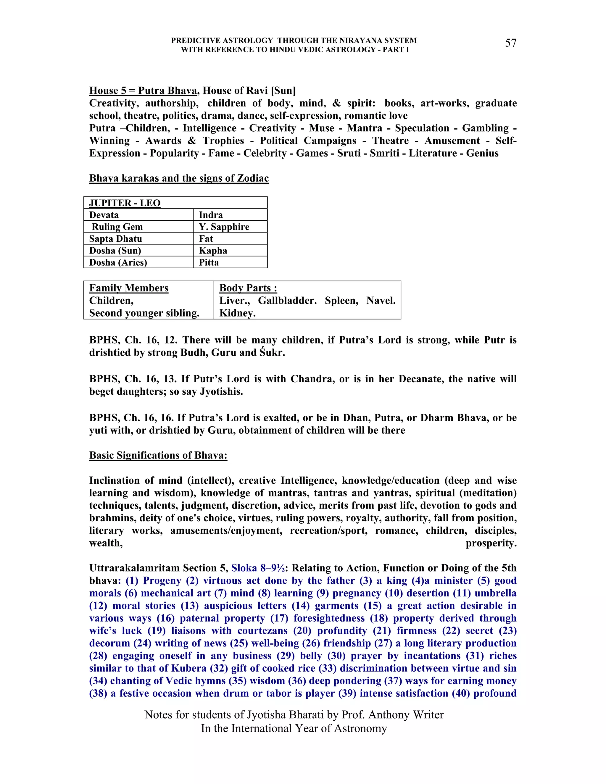 PREDICTIVE ASTROLOGY THROUGH THE NIRAYANA SYSTEM
WITH REFERENCE TO HINDU VEDIC ASTROLOGY - PART I
Notes for students of Jyotisha Bharati by Prof. Anthony Writer
In the International Year of Astronomy
57
House 5 = Putra Bhava, House of Ravi [Sun]
Creativity, authorship, children of body, mind, & spirit: books, art-works, graduate
school, theatre, politics, drama, dance, self-expression, romantic love
Putra –Children, - Intelligence - Creativity - Muse - Mantra - Speculation - Gambling -
Winning - Awards & Trophies - Political Campaigns - Theatre - Amusement - Self-
Expression - Popularity - Fame - Celebrity - Games - Sruti - Smriti - Literature - Genius
Bhava karakas and the signs of Zodiac
JUPITER - LEO
Devata Indra
Ruling Gem Y. Sapphire
Sapta Dhatu Fat
Dosha (Sun) Kapha
Dosha (Aries) Pitta
Family Members
Children,
Second younger sibling.
Body Parts :
Liver., Gallbladder. Spleen, Navel.
Kidney.
BPHS, Ch. 16, 12. There will be many children, if Putra’s Lord is strong, while Putr is
drishtied by strong Budh, Guru and Śukr.
BPHS, Ch. 16, 13. If Putr’s Lord is with Chandra, or is in her Decanate, the native will
beget daughters; so say Jyotishis.
BPHS, Ch. 16, 16. If Putra’s Lord is exalted, or be in Dhan, Putra, or Dharm Bhava, or be
yuti with, or drishtied by Guru, obtainment of children will be there
Basic Significations of Bhava:
Inclination of mind (intellect), creative Intelligence, knowledge/education (deep and wise
learning and wisdom), knowledge of mantras, tantras and yantras, spiritual (meditation)
techniques, talents, judgment, discretion, advice, merits from past life, devotion to gods and
brahmins, deity of one's choice, virtues, ruling powers, royalty, authority, fall from position,
literary works, amusements/enjoyment, recreation/sport, romance, children, disciples,
wealth, prosperity.
Uttrarakalamritam Section 5, Sloka 8–9½: Relating to Action, Function or Doing of the 5th
bhava: (1) Progeny (2) virtuous act done by the father (3) a king (4)a minister (5) good
morals (6) mechanical art (7) mind (8) learning (9) pregnancy (10) desertion (11) umbrella
(12) moral stories (13) auspicious letters (14) garments (15) a great action desirable in
various ways (16) paternal property (17) foresightedness (18) property derived through
wife’s luck (19) liaisons with courtezans (20) profundity (21) firmness (22) secret (23)
decorum (24) writing of news (25) well-being (26) friendship (27) a long literary production
(28) engaging oneself in any business (29) belly (30) prayer by incantations (31) riches
similar to that of Kubera (32) gift of cooked rice (33) discrimination between virtue and sin
(34) chanting of Vedic hymns (35) wisdom (36) deep pondering (37) ways for earning money
(38) a festive occasion when drum or tabor is player (39) intense satisfaction (40) profound
 
