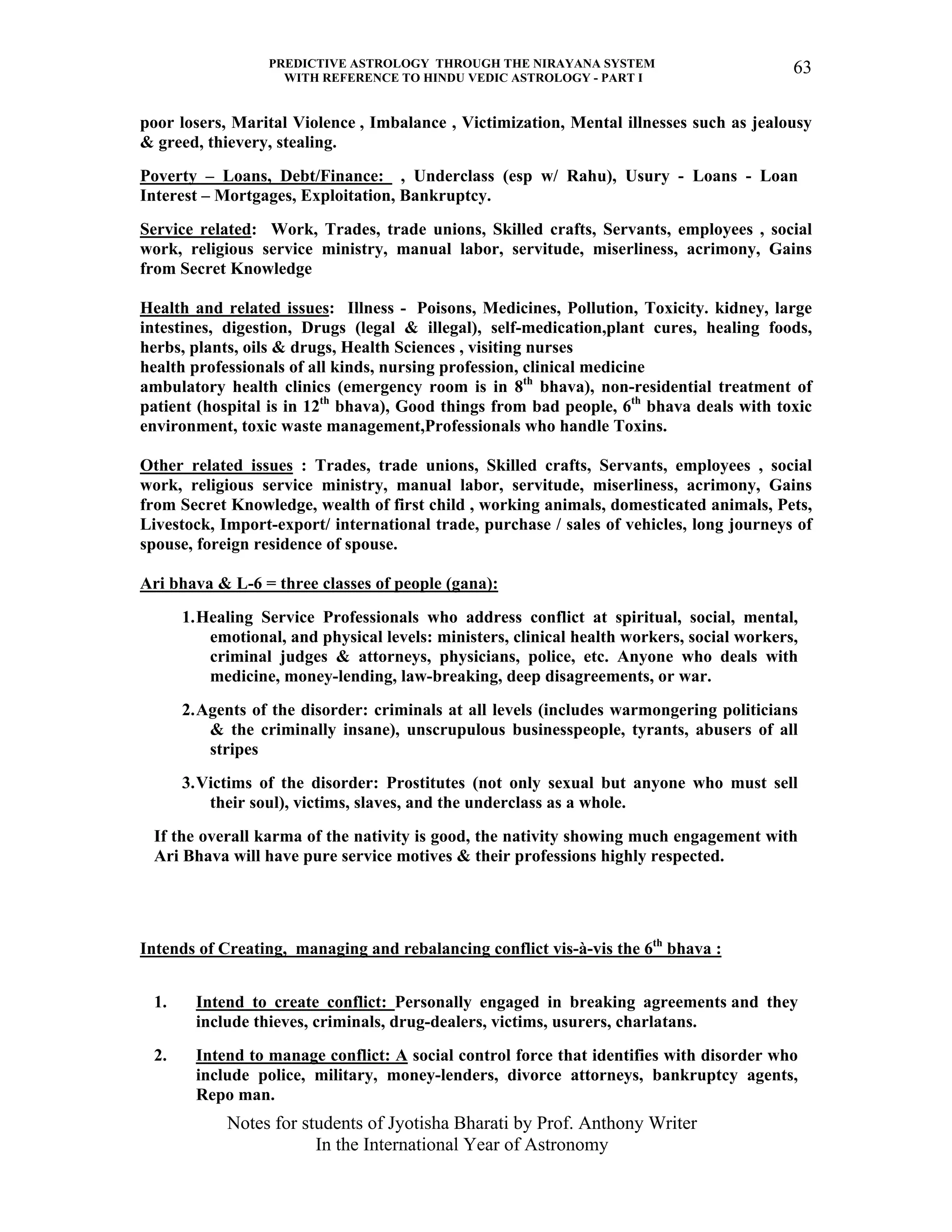 PREDICTIVE ASTROLOGY THROUGH THE NIRAYANA SYSTEM
WITH REFERENCE TO HINDU VEDIC ASTROLOGY - PART I
Notes for students of Jyotisha Bharati by Prof. Anthony Writer
In the International Year of Astronomy
63
poor losers, Marital Violence , Imbalance , Victimization, Mental illnesses such as jealousy
& greed, thievery, stealing.
Poverty – Loans, Debt/Finance: , Underclass (esp w/ Rahu), Usury - Loans - Loan
Interest – Mortgages, Exploitation, Bankruptcy.
Service related: Work, Trades, trade unions, Skilled crafts, Servants, employees , social
work, religious service ministry, manual labor, servitude, miserliness, acrimony, Gains
from Secret Knowledge
Health and related issues: Illness - Poisons, Medicines, Pollution, Toxicity. kidney, large
intestines, digestion, Drugs (legal & illegal), self-medication,plant cures, healing foods,
herbs, plants, oils & drugs, Health Sciences , visiting nurses
health professionals of all kinds, nursing profession, clinical medicine
ambulatory health clinics (emergency room is in 8th
bhava), non-residential treatment of
patient (hospital is in 12th
bhava), Good things from bad people, 6th
bhava deals with toxic
environment, toxic waste management,Professionals who handle Toxins.
Other related issues : Trades, trade unions, Skilled crafts, Servants, employees , social
work, religious service ministry, manual labor, servitude, miserliness, acrimony, Gains
from Secret Knowledge, wealth of first child , working animals, domesticated animals, Pets,
Livestock, Import-export/ international trade, purchase / sales of vehicles, long journeys of
spouse, foreign residence of spouse.
Ari bhava & L-6 = three classes of people (gana):
1.Healing Service Professionals who address conflict at spiritual, social, mental,
emotional, and physical levels: ministers, clinical health workers, social workers,
criminal judges & attorneys, physicians, police, etc. Anyone who deals with
medicine, money-lending, law-breaking, deep disagreements, or war.
2.Agents of the disorder: criminals at all levels (includes warmongering politicians
& the criminally insane), unscrupulous businesspeople, tyrants, abusers of all
stripes
3.Victims of the disorder: Prostitutes (not only sexual but anyone who must sell
their soul), victims, slaves, and the underclass as a whole.
If the overall karma of the nativity is good, the nativity showing much engagement with
Ari Bhava will have pure service motives & their professions highly respected.
Intends of Creating, managing and rebalancing conflict vis-à-vis the 6th
bhava :
1. Intend to create conflict: Personally engaged in breaking agreements and they
include thieves, criminals, drug-dealers, victims, usurers, charlatans.
2. Intend to manage conflict: A social control force that identifies with disorder who
include police, military, money-lenders, divorce attorneys, bankruptcy agents,
Repo man.
 