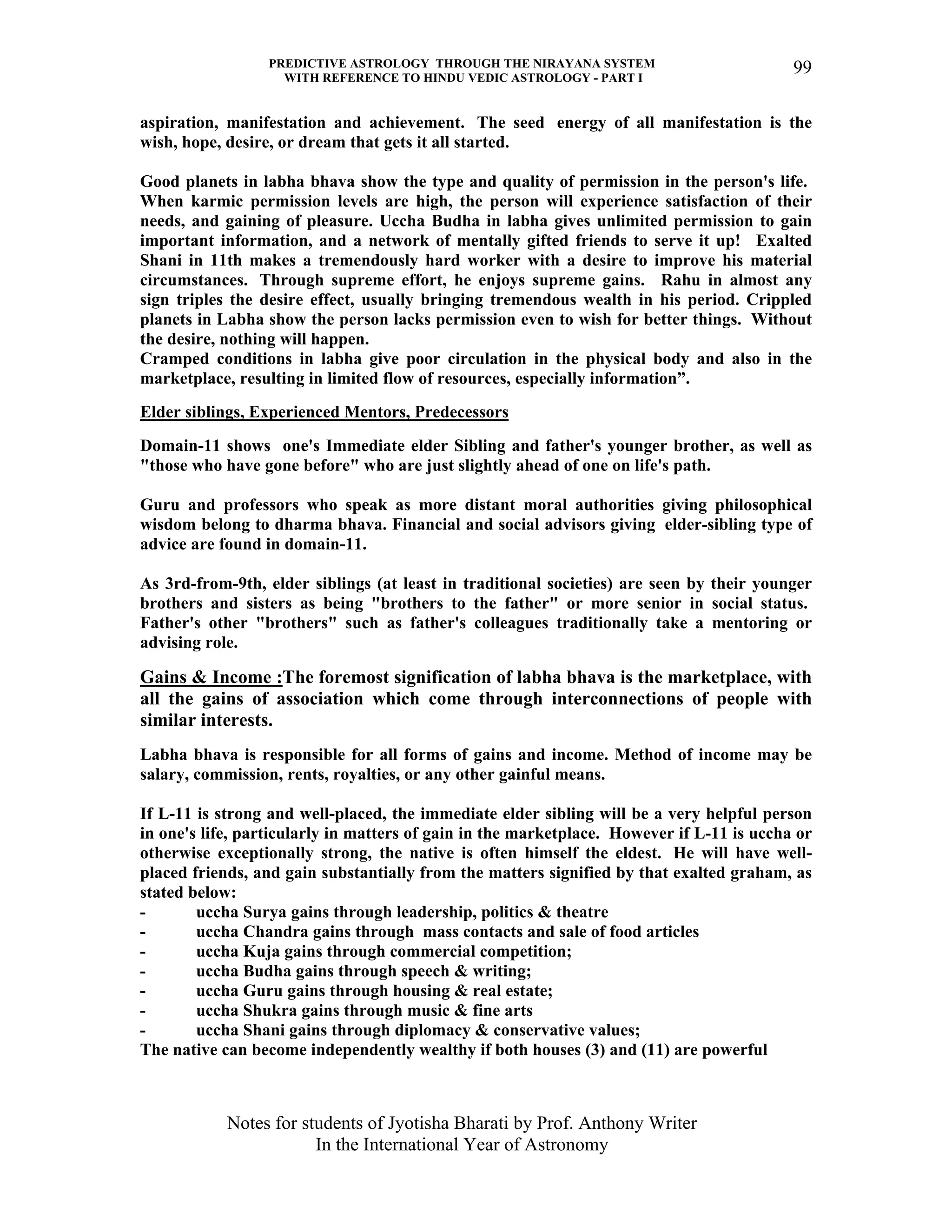 PREDICTIVE ASTROLOGY THROUGH THE NIRAYANA SYSTEM
WITH REFERENCE TO HINDU VEDIC ASTROLOGY - PART I
Notes for students of Jyotisha Bharati by Prof. Anthony Writer
In the International Year of Astronomy
99
aspiration, manifestation and achievement. The seed energy of all manifestation is the
wish, hope, desire, or dream that gets it all started.
Good planets in labha bhava show the type and quality of permission in the person's life.
When karmic permission levels are high, the person will experience satisfaction of their
needs, and gaining of pleasure. Uccha Budha in labha gives unlimited permission to gain
important information, and a network of mentally gifted friends to serve it up! Exalted
Shani in 11th makes a tremendously hard worker with a desire to improve his material
circumstances. Through supreme effort, he enjoys supreme gains. Rahu in almost any
sign triples the desire effect, usually bringing tremendous wealth in his period. Crippled
planets in Labha show the person lacks permission even to wish for better things. Without
the desire, nothing will happen.
Cramped conditions in labha give poor circulation in the physical body and also in the
marketplace, resulting in limited flow of resources, especially information”.
Elder siblings, Experienced Mentors, Predecessors
Domain-11 shows one's Immediate elder Sibling and father's younger brother, as well as
"those who have gone before" who are just slightly ahead of one on life's path.
Guru and professors who speak as more distant moral authorities giving philosophical
wisdom belong to dharma bhava. Financial and social advisors giving elder-sibling type of
advice are found in domain-11.
As 3rd-from-9th, elder siblings (at least in traditional societies) are seen by their younger
brothers and sisters as being "brothers to the father" or more senior in social status.
Father's other "brothers" such as father's colleagues traditionally take a mentoring or
advising role.
Gains & Income :The foremost signification of labha bhava is the marketplace, with
all the gains of association which come through interconnections of people with
similar interests.
Labha bhava is responsible for all forms of gains and income. Method of income may be
salary, commission, rents, royalties, or any other gainful means.
If L-11 is strong and well-placed, the immediate elder sibling will be a very helpful person
in one's life, particularly in matters of gain in the marketplace. However if L-11 is uccha or
otherwise exceptionally strong, the native is often himself the eldest. He will have well-
placed friends, and gain substantially from the matters signified by that exalted graham, as
stated below:
- uccha Surya gains through leadership, politics & theatre
- uccha Chandra gains through mass contacts and sale of food articles
- uccha Kuja gains through commercial competition;
- uccha Budha gains through speech & writing;
- uccha Guru gains through housing & real estate;
- uccha Shukra gains through music & fine arts
- uccha Shani gains through diplomacy & conservative values;
The native can become independently wealthy if both houses (3) and (11) are powerful
 