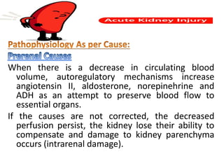 When there is a decrease in circulating blood
volume, autoregulatory mechanisms increase
angiotensin II, aldosterone, norepinehrine and
ADH as an attempt to preserve blood flow to
essential organs.
If the causes are not corrected, the decreased
perfusion persist, the kidney lose their ability to
compensate and damage to kidney parenchyma
occurs (intrarenal damage).
 