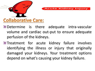 Determine is there adequate intra-vascular
volume and cardiac out-put to ensure adequate
perfusion of the kidneys.
Treatment for acute kidney failure involves
identifying the illness or injury that originally
damaged your kidneys. Your treatment options
depend on what's causing your kidney failure.
 