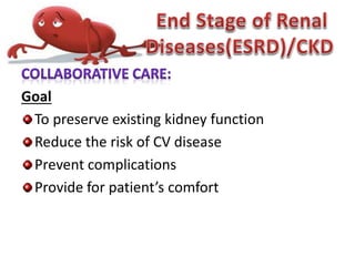 Goal
To preserve existing kidney function
Reduce the risk of CV disease
Prevent complications
Provide for patient’s comfort
 