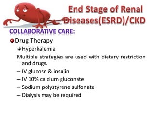 Drug Therapy
Hyperkalemia
Multiple strategies are used with dietary restriction
and drugs.
– IV glucose & insulin
– IV 10% calcium gluconate
– Sodium polystyrene sulfonate
– Dialysis may be required
 