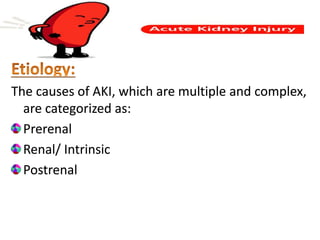 The causes of AKI, which are multiple and complex,
are categorized as:
Prerenal
Renal/ Intrinsic
Postrenal
 