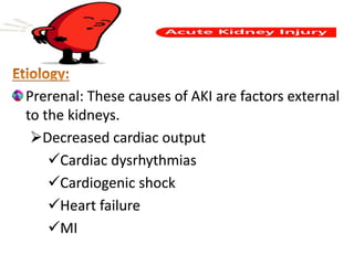 Prerenal: These causes of AKI are factors external
to the kidneys.
Decreased cardiac output
Cardiac dysrhythmias
Cardiogenic shock
Heart failure
MI
 