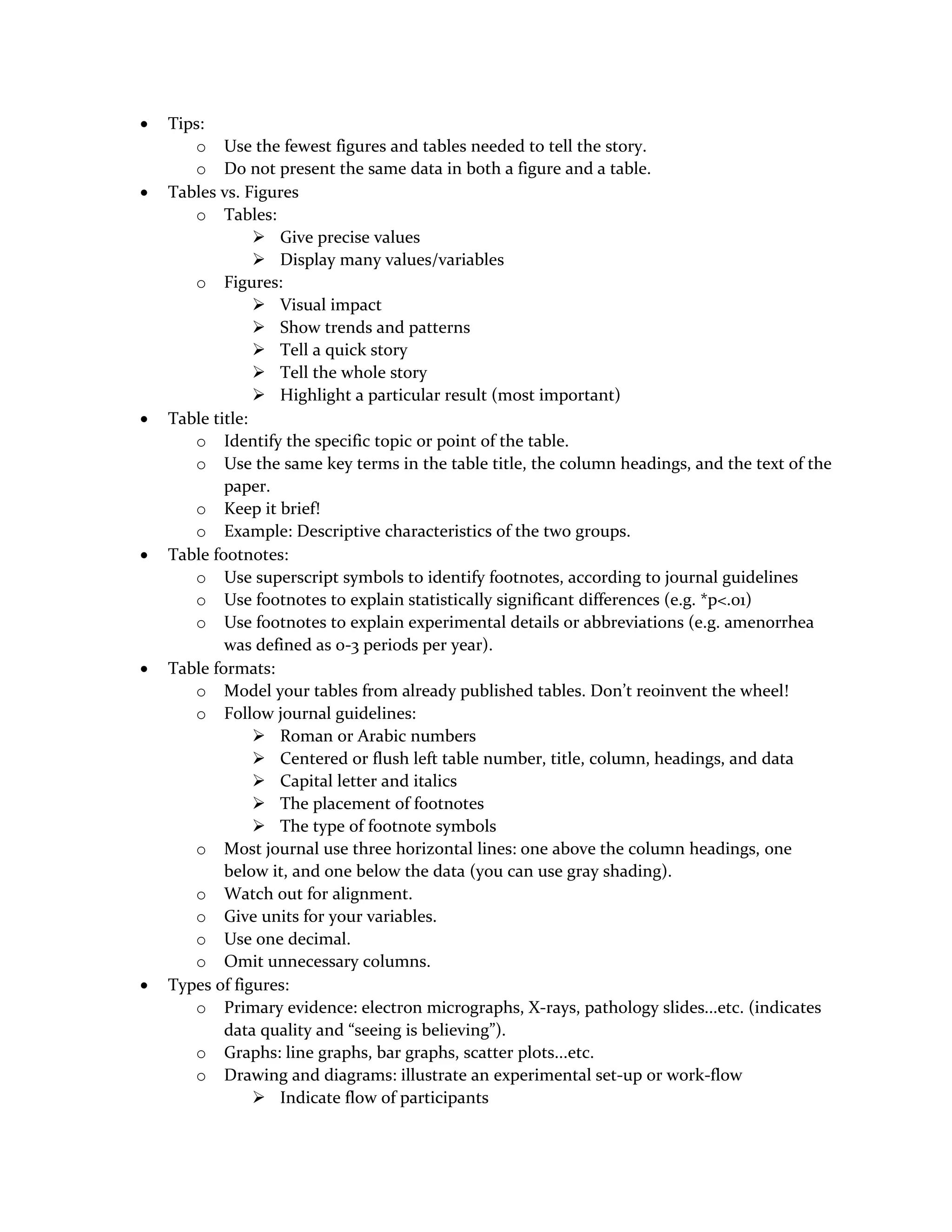  Tips:
o Use the fewest figures and tables needed to tell the story.
o Do not present the same data in both a figure and a table.
 Tables vs. Figures
o Tables:
 Give precise values
 Display many values/variables
o Figures:
 Visual impact
 Show trends and patterns
 Tell a quick story
 Tell the whole story
 Highlight a particular result (most important)
 Table title:
o Identify the specific topic or point of the table.
o Use the same key terms in the table title, the column headings, and the text of the
paper.
o Keep it brief!
o Example: Descriptive characteristics of the two groups.
 Table footnotes:
o Use superscript symbols to identify footnotes, according to journal guidelines
o Use footnotes to explain statistically significant differences (e.g. *p<.01)
o Use footnotes to explain experimental details or abbreviations (e.g. amenorrhea
was defined as 0-3 periods per year).
 Table formats:
o Model your tables from already published tables. Don’t re0invent the wheel!
o Follow journal guidelines:
 Roman or Arabic numbers
 Centered or flush left table number, title, column, headings, and data
 Capital letter and italics
 The placement of footnotes
 The type of footnote symbols
o Most journal use three horizontal lines: one above the column headings, one
below it, and one below the data (you can use gray shading).
o Watch out for alignment.
o Give units for your variables.
o Use one decimal.
o Omit unnecessary columns.
 Types of figures:
o Primary evidence: electron micrographs, X-rays, pathology slides...etc. (indicates
data quality and “seeing is believing”).
o Graphs: line graphs, bar graphs, scatter plots...etc.
o Drawing and diagrams: illustrate an experimental set-up or work-flow
 Indicate flow of participants
 
