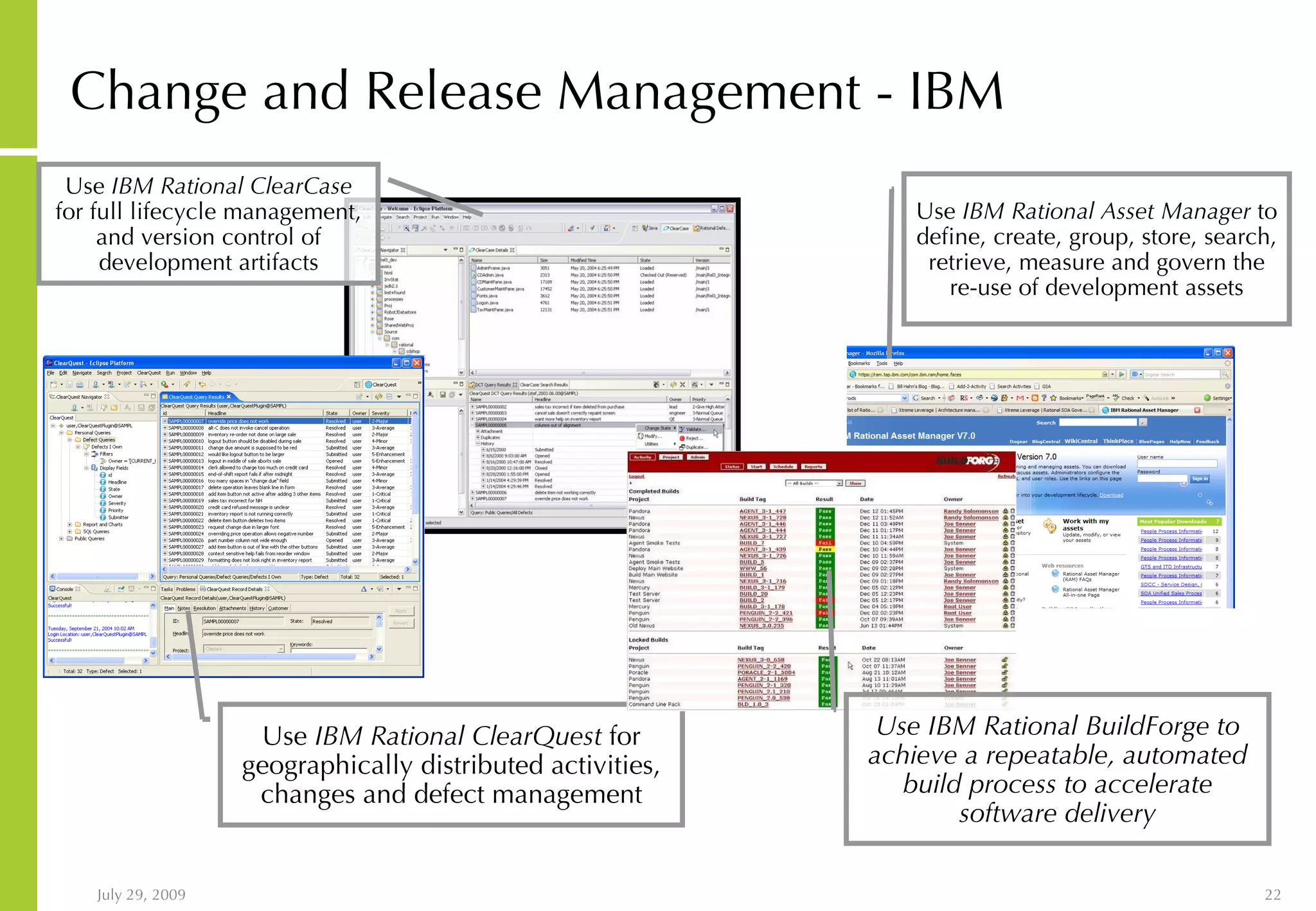 Change and Release Management - IBM Use IBM Rational ClearCase for full lifecycle management, and version control of development artifacts Use IBM Rational ClearQuest for geographically distributed activities, changes and defect management Use IBM Rational BuildForge to achieve a repeatable, automated build process to accelerate software delivery Use IBM Rational Asset Manager to define, create, group, store, search, retrieve, measure and govern the re-use of development assets 