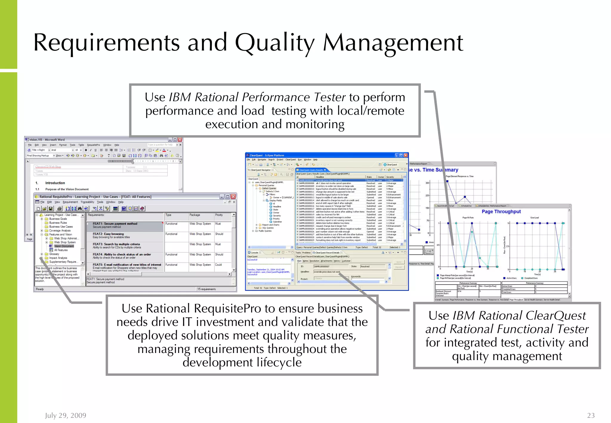 Requirements and Quality Management Use IBM Rational ClearQuest and Rational Functional Tester for integrated test, activity and quality management Use Rational RequisitePro to ensure business needs drive IT investment and validate that the deployed solutions meet quality measures, managing requirements throughout the development lifecycle Use IBM Rational Performance Tester to perform performance and load testing with local/remote execution and monitoring 