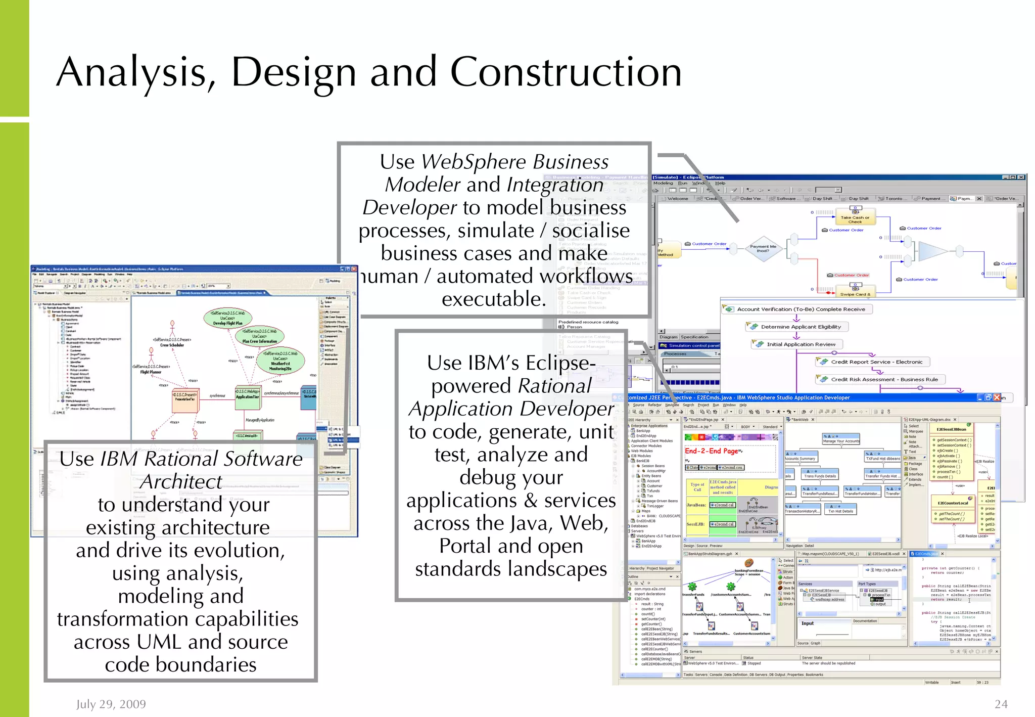 Analysis, Design and Construction Use WebSphere Business Modeler and Integration Developer to model business processes, simulate / socialise business cases and make human / automated workflows executable. Use IBM Rational Software Architect to understand your existing architecture and drive its evolution, using analysis, modeling and transformation capabilities across UML and source code boundaries Use IBM’s Eclipse-powered Rational Application Developer to code, generate, unit test, analyze and debug your applications & services across the Java, Web, Portal and open standards landscapes 