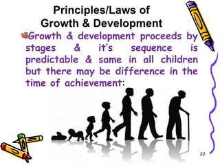 Principles/Laws of
Growth & Development
Growth & development proceeds by
stages & it’s sequence is
predictable & same in all children
but there may be difference in the
time of achievement:
22
 