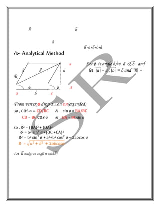 𝑅⃗⃗ 𝑏⃗⃗
𝑎⃗
𝑅⃗⃗=𝑎⃗+𝑏⃗⃗+𝑐⃗+𝑑⃗
 Analytical Method
B Let ø is angle b/w 𝑎⃗ & 𝑏⃗⃗ and
𝑎⃗ 𝑅⃗⃗ 𝑎⃗ let | 𝑎|⃗⃗⃗⃗⃗⃗ = a , | 𝑏|⃗⃗⃗⃗⃗⃗ = b and | 𝑅|⃗⃗⃗⃗⃗⃗ =
R
ø ø A
O 𝑏⃗⃗ C
From vertex B drop a on OA(extended)
so , cos ø = CD/BC & sin ø = BA/BC
CD = BC cos ø & BA = BCsin ø
so , R2 = (BA)2 + (OA)2
R2 = b2 sin2
ø +(OC +CA)2
R2 = b2 sin2
ø + a2+b2 cos2
ø + 2abcos ø
R = √ 𝑎2 + 𝑏2 + 2𝑎𝑏𝑐𝑜𝑠ø
Let 𝑅⃗⃗ makes an angle α with 𝑏⃗⃗
 