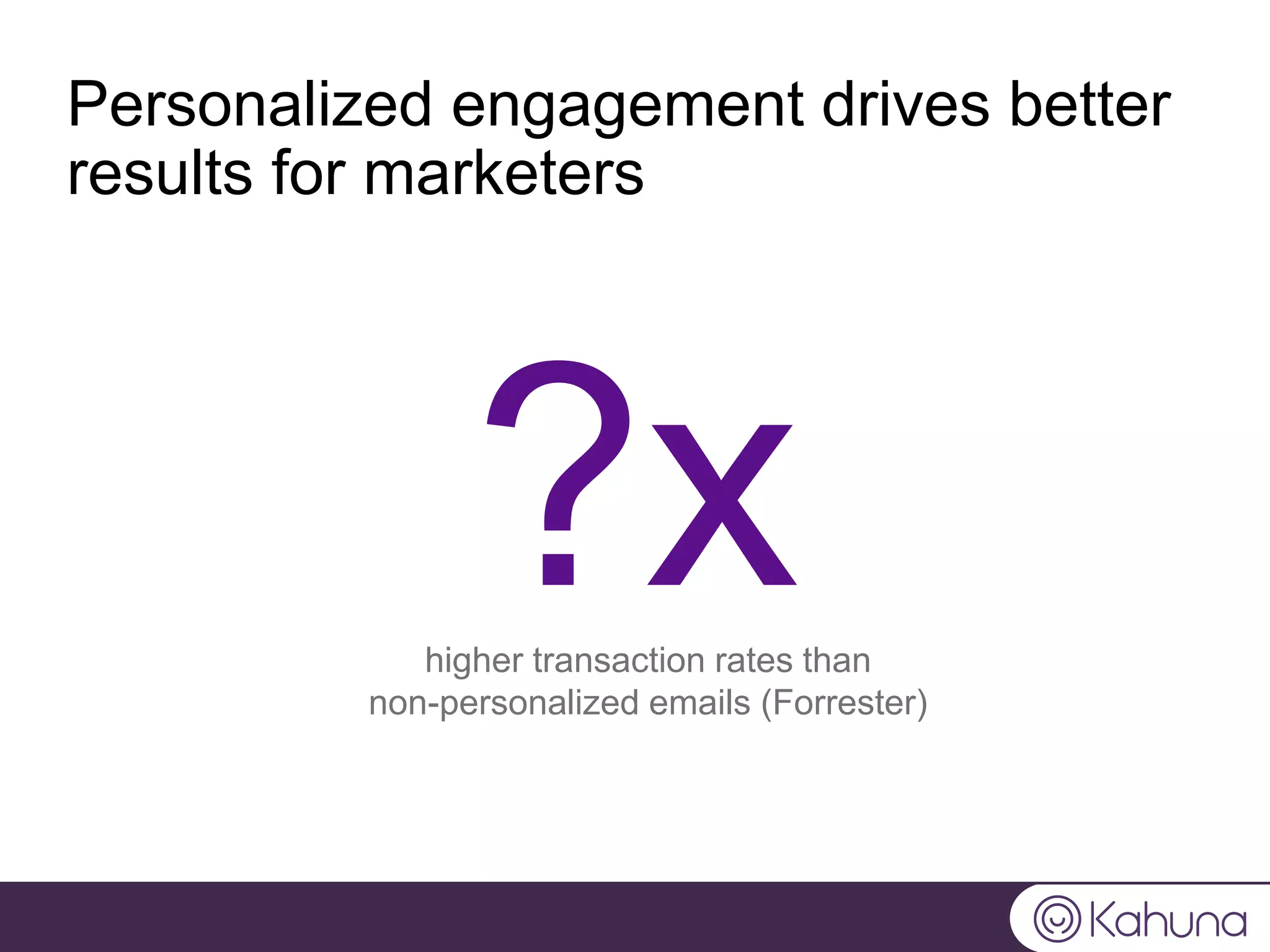 Personalized engagement drives better
results for marketers
higher transaction rates than
non-personalized emails (Forrester)
?x
 