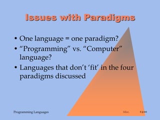 Misc. 6 jcmt
Programming Languages
Issues with Paradigms
• One language = one paradigm?
• “Programming” vs. “Computer”
language?
• Languages that don’t ‘fit’ in the four
paradigms discussed
 