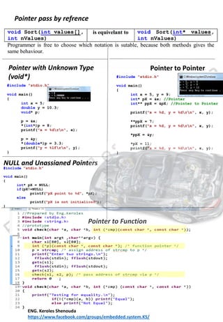 Pointer with Unknown Type
(void*)
Pointer pass by refrence
Pointer to Pointer
NULL and Unassigned Pointers
Pointer to Function
ENG. Keroles Shenouda
https://www.facebook.com/groups/embedded.system.KS/
 