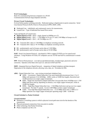 29
WAN Technologies
Rules for communicating between computers on a WAN
Communications between large disparate networks.
Private Circuit Technologies
Evolved before packet switching networks. Dedicated analog or digital point-to-point connection. Serial
Line Internet Protocol (SLIP), Point-to Point protocol (PPP), ISDN, xDSL.
 Dedicated Line – indefinitely and continuously reserve for transmissions.
 Leased Line – Type of dedicated line leased from carrier.
Types and Speeds of Leased Lines:
 Digital Signal Level 0 – DS-0 – single channel at 64KBps on a T1
 Digital Signal Level 1 – DS-1 – 1.544 MBps in US on a T1 and 2.108 MBps in Europe on a E1
 Digital Signal Level 3 – DS-3 – 44.736 MBps on a T3
 T1 – Transmits DS-1 data at 1.544 MBps on telephone switching network
 T3 – Transmits DS-3 data at 44.736 MBps on telephone switching network
 E1 – predominately used in Europe carries data at 2.108 MBps
 E3 - predominately used in Europe carries data at 34.368 MBps
SLIP - Serial Line Internet Protocol – developed in 1984 to support TCP/IP over low speed serial
interfaces. Using Windows NT RAS, NT computers can use TCP/IP and SLIP to communicate to remote
hosts.
PPP - Point-to Point protocol – over dial up and dedicated links, includes login, password, and error
correction. Operates at the Data Link Layer (2) and uses CHAP and PAP.
ISDN - Integrated Services Digital Network - integration of digital telephony and data transport.
Digitization of the telephone network, allowing voice, data, etc. Overtaken by DSL.
xDSL - Digital Subscriber Line – uses existing twisted pair telephone lines.
 ADSL – Asymmetric Digital Subscriber Line more bandwidth downstream from 1.5 to 9
MBps with upstream 16 to 640 KBps. ADSL works at 18,000 feet lengths, theoretical and
14,400 practical over single copper twisted pair.
 SDSL - Single-line (Symmetric) Digital Subscriber Line provides from 144 KBps up to 1.544
MBps both down and up, depending on distance, over single copper twisted pair, works at
10,000 feet lengths.
 HDSL – High-Rate Digital Subscriber Line - 1.544 MBps both down and up over two copper
twisted pair. Provides T1 speeds. Can do 2.048 MBps on three copper twisted pair.
 VDSL – Very-high Rate Digital Subscriber Line – 13-52 MBps down and 1.5 MB to 2.3
MBps upstream over single copper twisted pair operating range 1,000 – 4,500 feet
Circuit Switched vs. Packet Switched
Circuit Switched
 Defined as a switching system in which a physical circuit path must exist for the duration of the
transmission
 Physical permanent connections from one point to another
 Older technology than Packet Switching
 Phone companies use this a lot
 