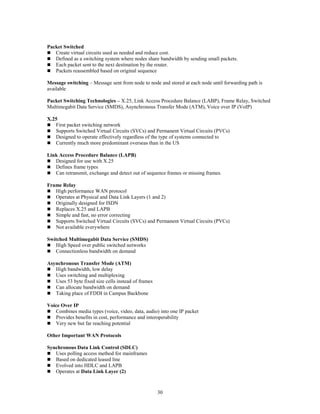 30
Packet Switched
 Create virtual circuits used as needed and reduce cost.
 Defined as a switching system where nodes share bandwidth by sending small packets.
 Each packet sent to the next destination by the router.
 Packets reassembled based on original sequence
Message switching – Message sent from node to node and stored at each node until forwarding path is
available
Packet Switching Technologies – X.25, Link Access Procedure Balance (LABP), Frame Relay, Switched
Multimegabit Data Service (SMDS), Asynchronous Transfer Mode (ATM), Voice over IP (VoIP)
X.25
 First packet switching network
 Supports Switched Virtual Circuits (SVCs) and Permanent Virtual Circuits (PVCs)
 Designed to operate effectively regardless of the type of systems connected to
 Currently much more predominant overseas than in the US
Link Access Procedure Balance (LAPB)
 Designed for use with X.25
 Defines frame types
 Can retransmit, exchange and detect out of sequence frames or missing frames.
Frame Relay
 High performance WAN protocol
 Operates at Physical and Data Link Layers (1 and 2)
 Originally designed for ISDN
 Replaces X.25 and LAPB
 Simple and fast, no error correcting
 Supports Switched Virtual Circuits (SVCs) and Permanent Virtual Circuits (PVCs)
 Not available everywhere
Switched Multimegabit Data Service (SMDS)
 High Speed over public switched networks
 Connectionless bandwidth on demand
Asynchronous Transfer Mode (ATM)
 High bandwidth, low delay
 Uses switching and multiplexing
 Uses 53 byte fixed size cells instead of frames
 Can allocate bandwidth on demand
 Taking place of FDDI in Campus Backbone
Voice Over IP
 Combines media types (voice, video, data, audio) into one IP packet
 Provides benefits in cost, performance and interoperability
 Very new but far reaching potential
Other Important WAN Protocols
Synchronous Data Link Control (SDLC)
 Uses polling access method for mainframes
 Based on dedicated leased line
 Evolved into HDLC and LAPB
 Operates at Data Link Layer (2)
 