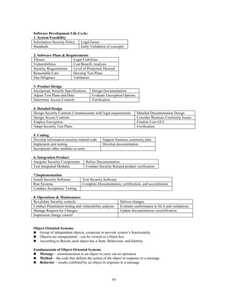 65
Software Development Life Cycle:
1. System Feasibility
Information Security Policy Legal Issues
Standards Early Validation of concepts
2. Software Plans & Requirements
Threats Legal Liabilities
Vulnerabilities Cost/Benefit Analysis
Security Requirements Level of Protection Desired
Reasonable Care Develop Test Plans
Due Diligence Validation
3. Product Design
Incorporate Security Specifications Design Documentation
Adjust Test Plans and Data Evaluate Encryption Options
Determine Access Controls Verification
4. Detailed Design
Design Security Controls Commensurate with legal requirements Detailed Documentation Design
Design Access Controls Consider Business Continuity Issues
Employ Encryption Finalize User GUI
Adapt Security Test Plans Verification
5. Coding
Develop information security-related code Support business continuity plan
Implement unit testing Develop documentation
Incorporate other modules or units
6. Integration Product
Integrate Security Components Refine Documentation
Test Integrated Modules Conduct Security Related product verification
7.Implementation
Install Security Software Test Security Software
Run Systems Complete Documentation, certification, and accreditation
Conduct Acceptance Testing
8. Operations & Maintenance
Revalidate Security controls Deliver changes
Conduct Penetration testing and vulnerability analysis Evaluate conformance to SLA and validations
Manage Request for Changes Update documentation, recertification
Implement change control
Object Oriented Systems
 Group of independent objects, cooperate to provide system’s functionality
 Objects are encapsulated – can be viewed as a black box
 According to Booch, each object has a State, Behaviour, and Identity
Fundamentals of Object Oriented Systems
 Message – communication to an object to carry out an operation
 Method – the code that defines the action of the object in response to a message
 Behavior – results exhibited by an object in response to a message
 