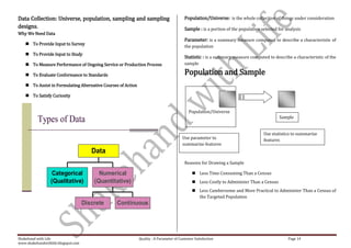 Data Collection: Universe, population, sampling and sampling                               Population/Universe: is the whole collection of things under consideration
designs.                                                                                   Sample : is a portion of the population selected for analysis
Why We Need Data
                                                                                           Parameter: is a summary measure computed to describe a characteristic of
     To Provide Input to Survey
                                                                                           the population
     To Provide Input to Study
                                                                                           Statistic : is a summary measure computed to describe a characteristic of the
     To Measure Performance of Ongoing Service or Production Process                      sample

     To Evaluate Conformance to Standards                                                 Population and Sample
     To Assist in Formulating Alternative Courses of Action

     To Satisfy Curiosity


                                                                                             Population/Universe
                                                                                                                                            Sample
          Types of Data
                                                                                                                                    Use statistics to summarize
                                                                                         Use parameter to                           features
                                                                                         summarize features
                                        Data
                                                                                           Reasons for Drawing a Sample

                   Categorical             Numerical                                            Less Time Consuming Than a Census
                  (Qualitative)          (Quantitative)                                         Less Costly to Administer Than a Census
                                                                                                Less Cumbersome and More Practical to Administer Than a Census of
                                                                                                 the Targeted Population
                                     Discrete    Continuous




Shakehand with Life                                            Quality : A Parameter of Customer Satisfaction                                    Page 14
www.shakehandwithlife.blogspot.com
 