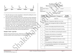 Feedback Form
                                                                                                               Motivation Training Programme
  (5)                (4)                 (3)          (2)              (1)                  Dated:……………………….Venue…………………………………………………………………
                                                                                            Respondent’s Name:…………………………………………Contact ……………………….
 Strongly         Agree              Undecided   Disagree      Strongly
 agree                                                         disagree                     Email:……………………………………………………………………………………………………
                                                                                            Organization……………………………………………Designation:…………………………..
                                                                                                                            “Rating Scale”
4. Then the total score of each respondent is obtained by adding his scores
                                                                                               Strongly                                                       Strongly
   that he received for separate statements.                                                            Agree=4 Undecided=3 Disagree=2
                                                                                               Agree=5                                                       disagree=1
5. The next step is to array these total scores and find out those statements
   which have a high discriminatory power. For this purpose, the researcher                      S.No.                           Question                             Score
   may select some part of the highest and the lowest total scores, say the
   top 25 percent and the bottom 25 percent. These two extreme groups are                          1       Trainer’s Programme objectives were clear
   interpreted to represent the most favourable and the least favourable                                   Trainer time management skills are effective and
   attitudes and are used as criterion groups by which to evaluate individual                      2
                                                                                                           efficient
   statements. This way we determine which statements consistently
   correlate with low favourablility and which with high favourability.                            3       Trainer encourages group discussion activity
6. Only those statements that correlate with the total test be retained in the
   final instrument and all other must be discarded from it.                                       4       Trainer shows enthusiasm during the training

Example of Likert – type Scale                                                                     5       Trainer is very effective in presenting the material

Attitude of the participants during a Motivation training programme can be                         6       Examples and activities are remarkable
calculate by likert scale as shown below in a feedback form
                                                                                                           Boredom was not enter at any point in the
                                                                                                   7
                                                                                                           programme
                                                                                                           This programme helped me to become a critical
                                                                                                   8
                                                                                                           thinker

                                                                                                   9       This programme challenged me intellectually

                                                                                                           I recommend this programme in my organization or
                                                                                                  10
                                                                                                           in other institution

                                                                                                                                                              Total


Shakehand with Life                                           Quality : A Parameter of Customer Satisfaction                                       Page 32
www.shakehandwithlife.blogspot.com
 