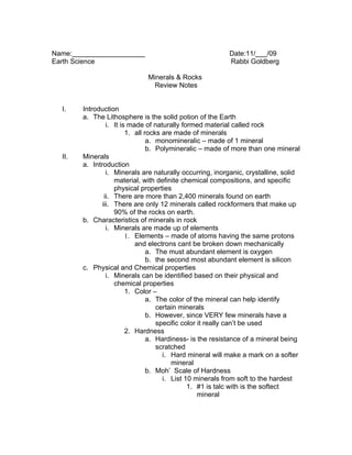 Notes rocks minerals | DOC