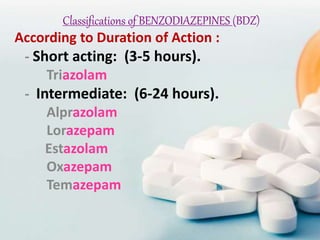 Classifications of BENZODIAZEPINES (BDZ)
According to Duration of Action :
- Short acting: (3-5 hours).
Triazolam
- Intermediate: (6-24 hours).
Alprazolam
Lorazepam
Estazolam
Oxazepam
Temazepam
 